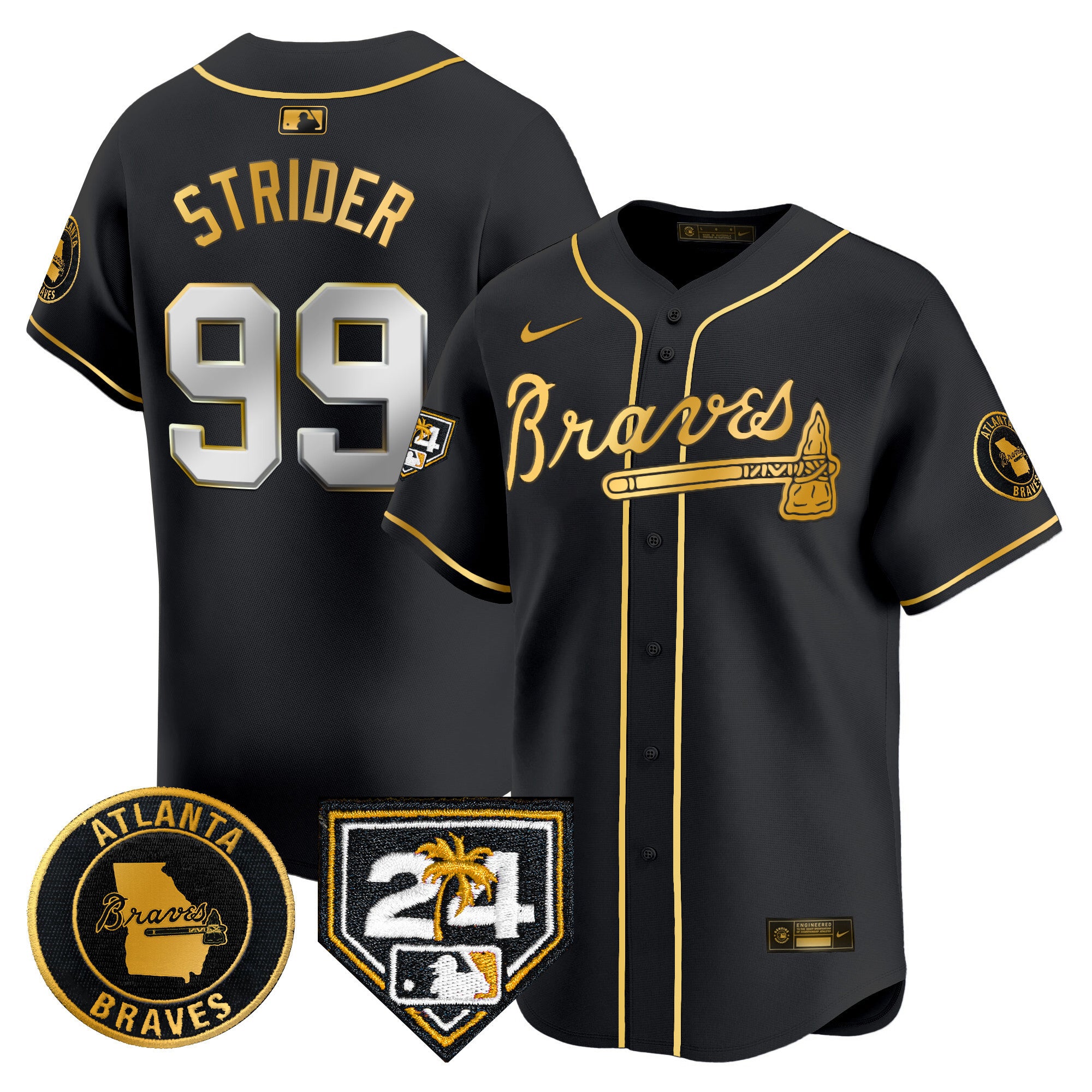 Men's Atlanta Braves 2024 Spring Training Patch Vapor Premier Limited Jersey - All Stitched - Black Gold, Spencer Strider