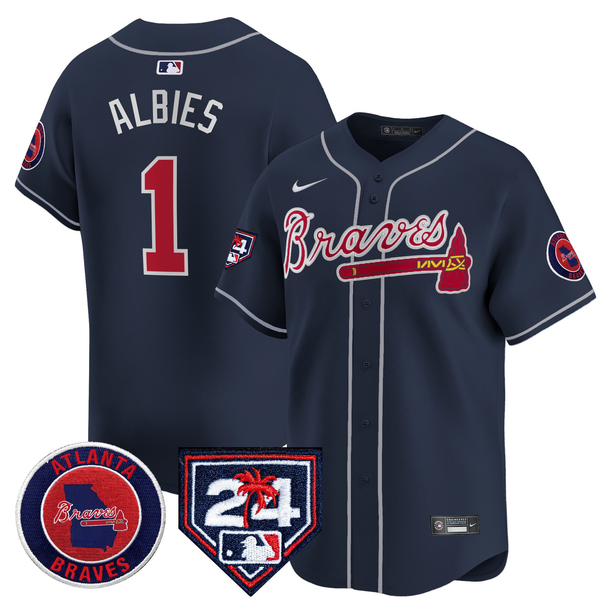Men's Atlanta Braves 2024 Spring Training Patch Vapor Premier Limited Jersey - All Stitched - Navy, Ozzie Albies