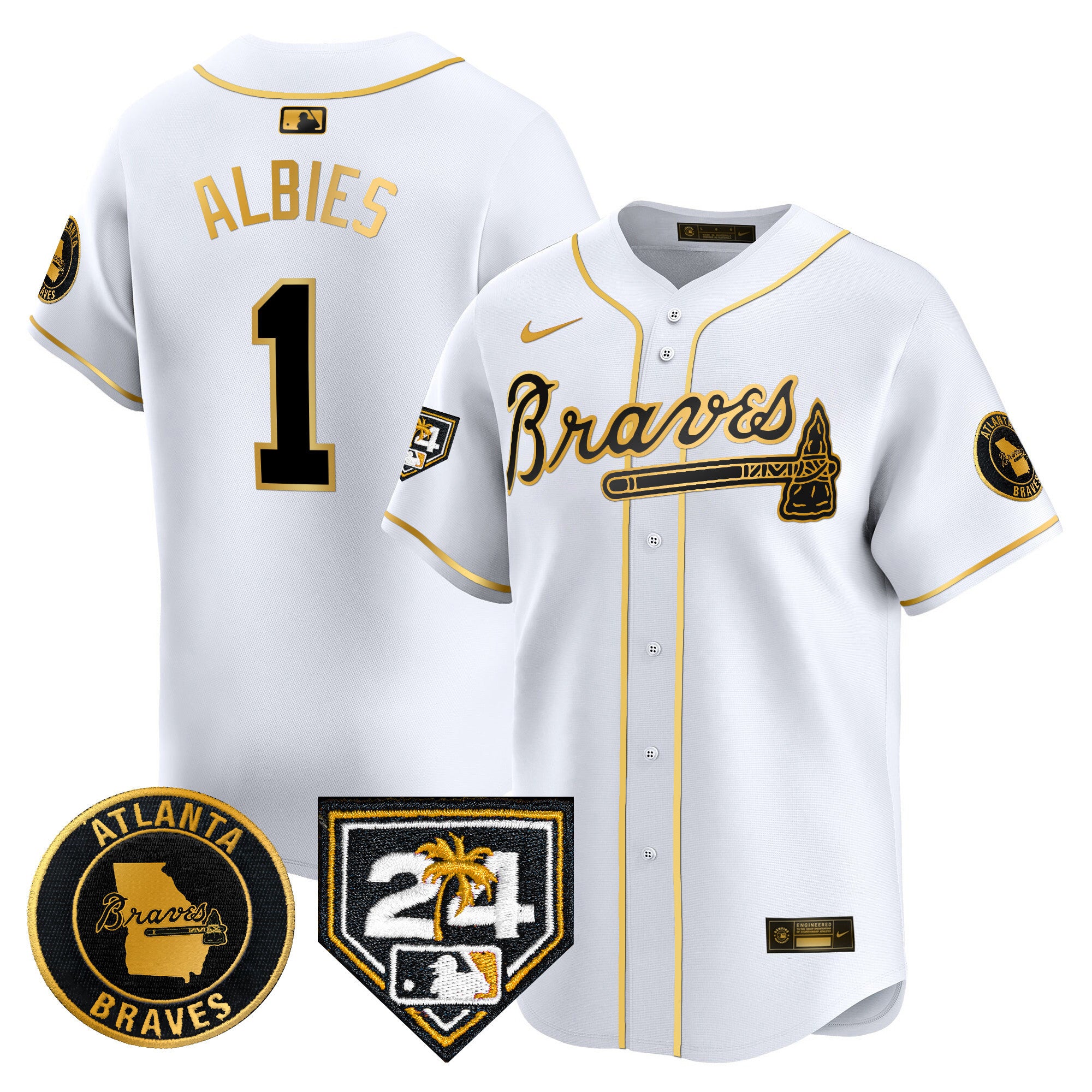 Men's Atlanta Braves 2024 Spring Training Patch Vapor Premier Limited Jersey - All Stitched - White Gold, Ozzie Albies