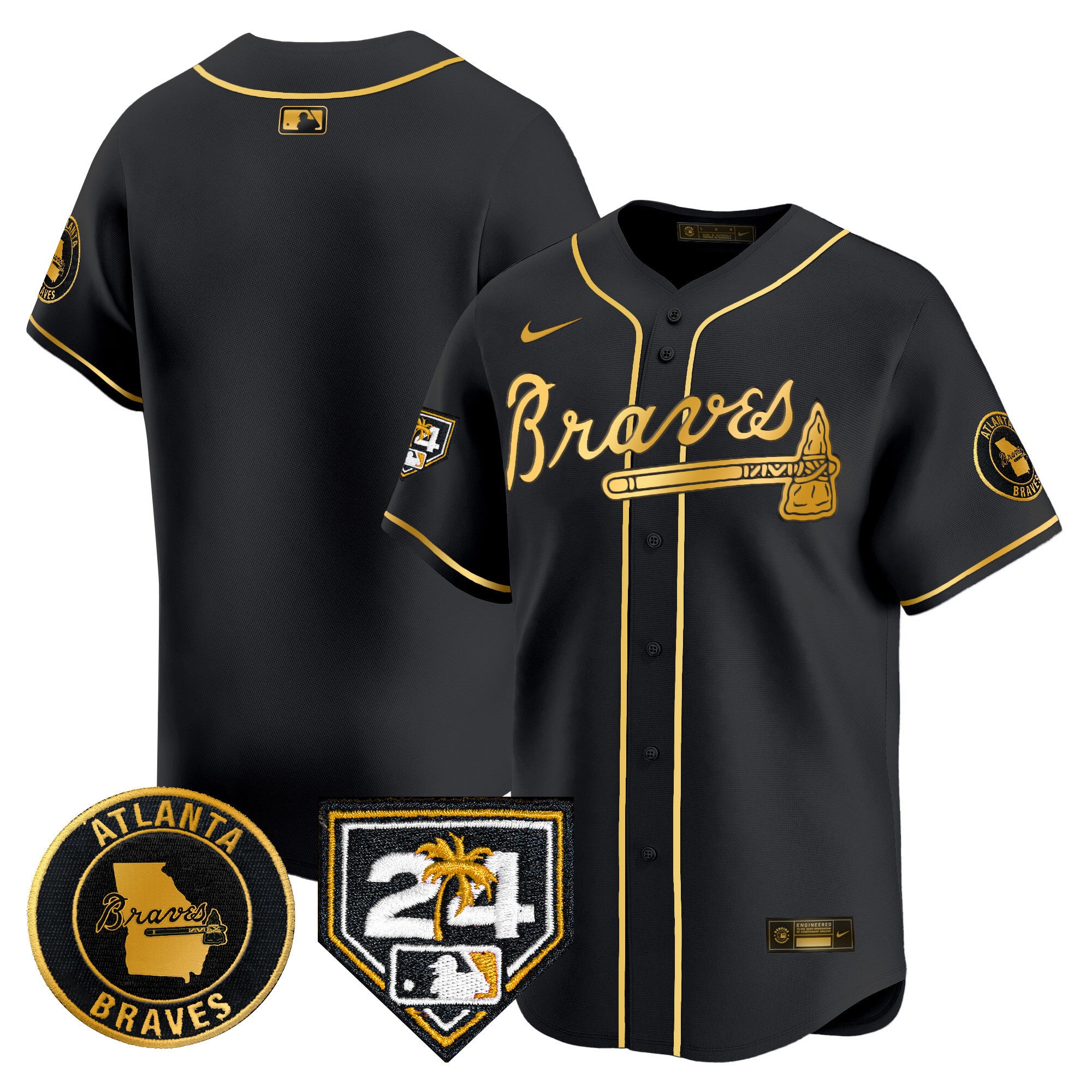 Men's Atlanta Braves 2024 Spring Training Patch Vapor Premier Limited Jersey - All Stitched - Black Gold, Team