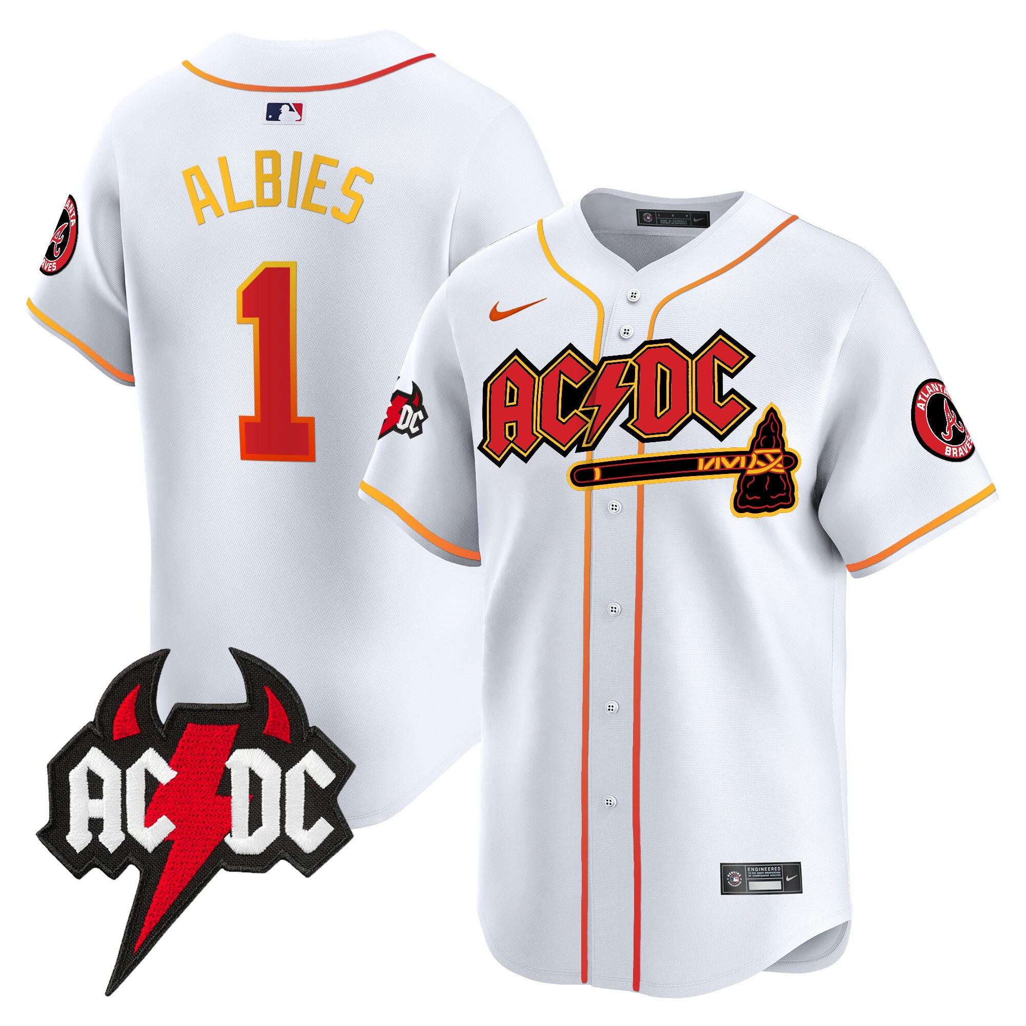Men's Atlanta Braves AC/DC Vapor Premier Limited Jersey - All Stitched - White, Ozzie Albies
