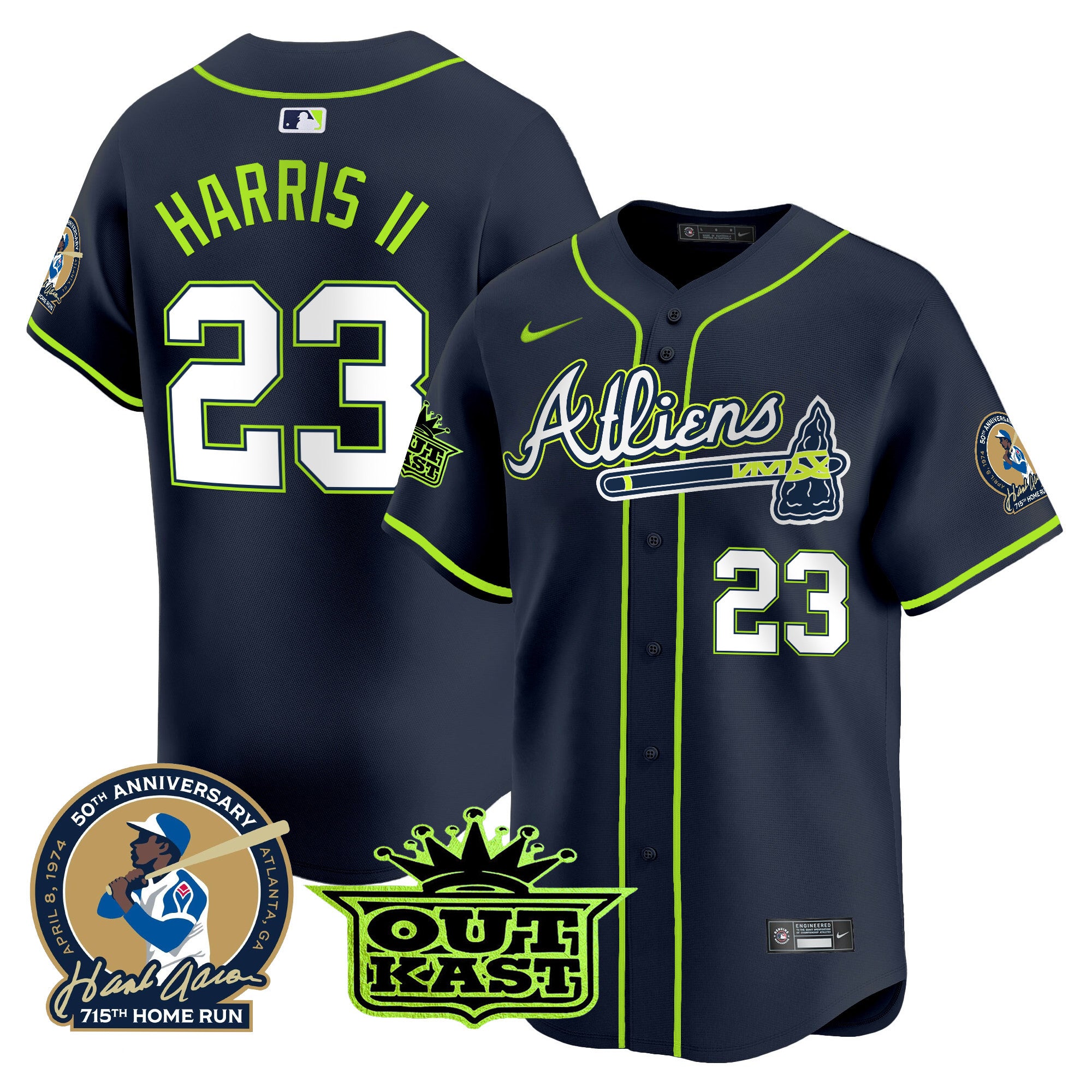 Men's Atlanta Braves Atliens & Hank Aaron Patch Vapor Premier Limited Jersey - All Stitched - Atliens, Michael Harris II