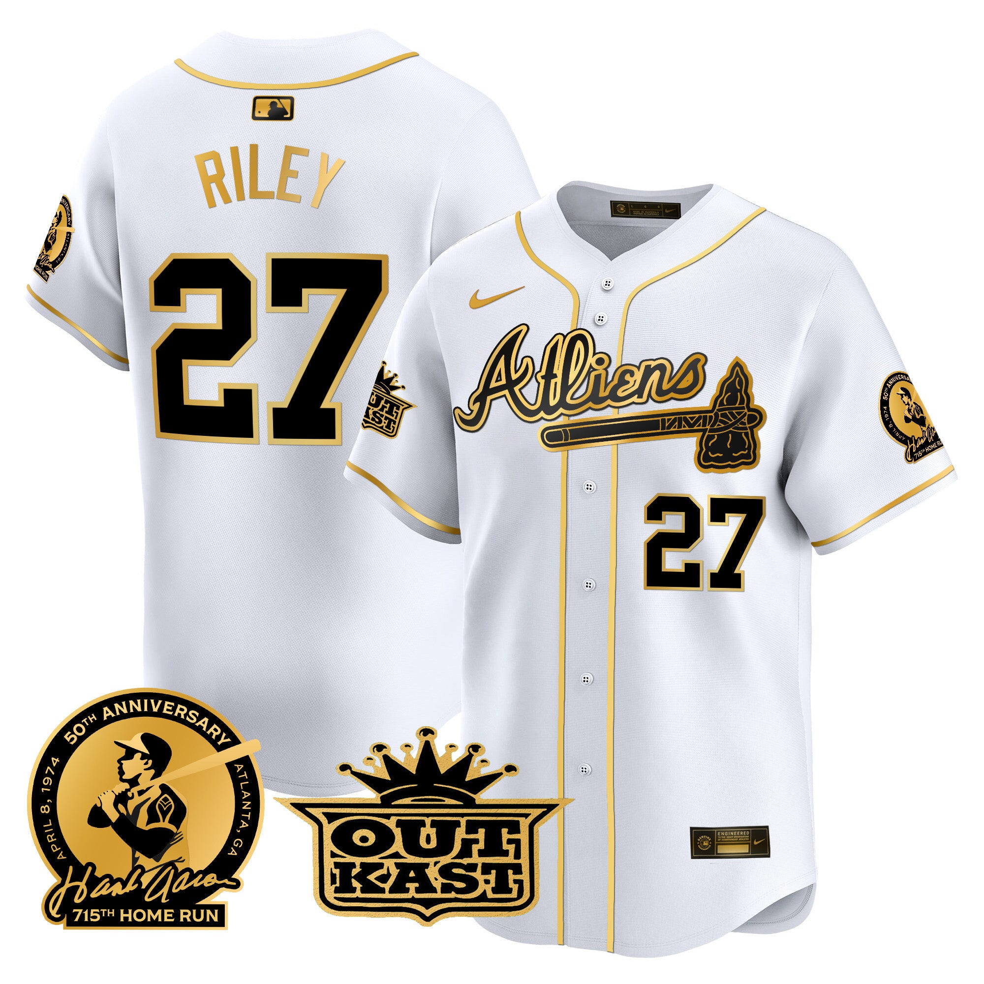 Men's Atlanta Braves Atliens & Hank Aaron Patch Vapor Premier Limited Jersey - All Stitched - White Gold, Austin Riley