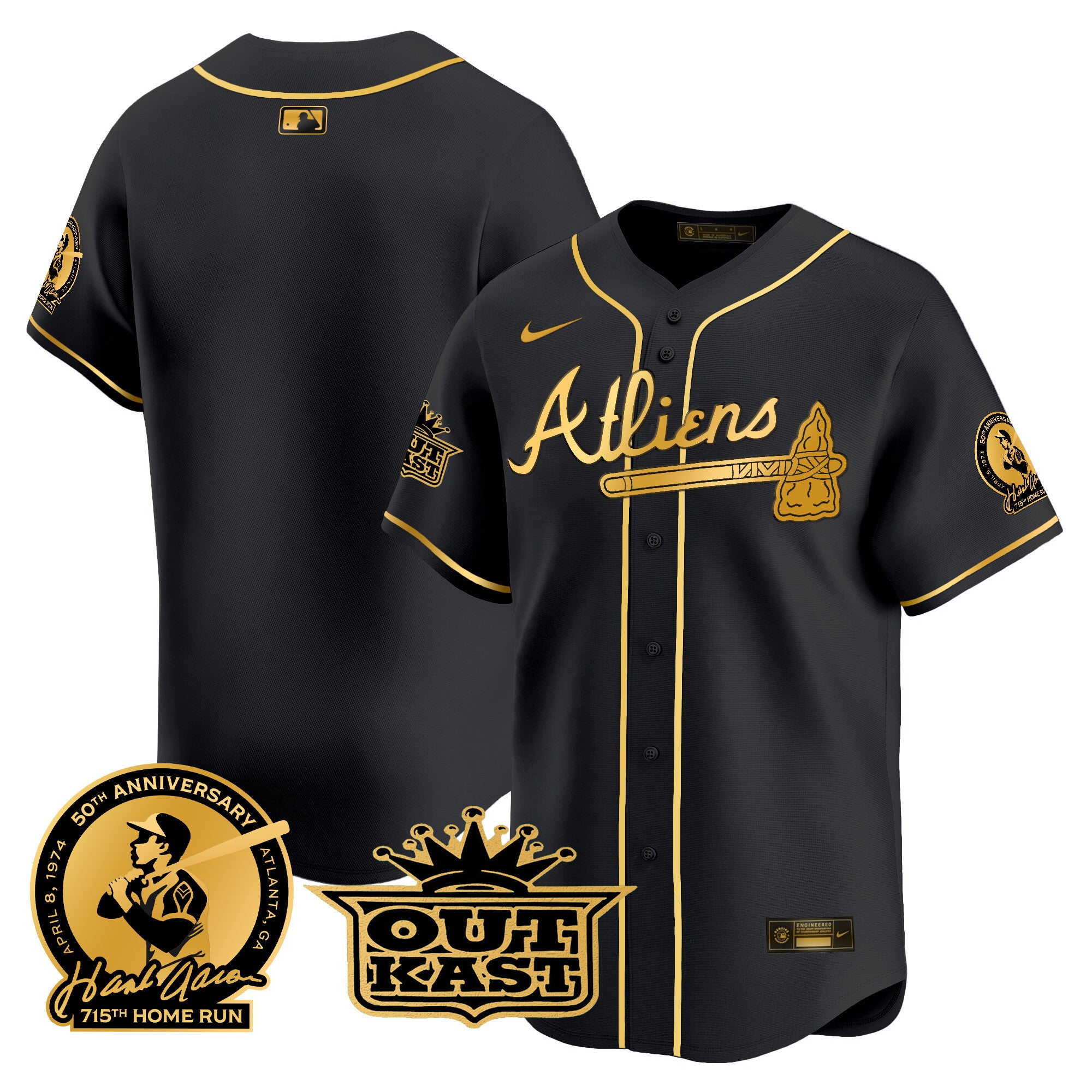 Men's Atlanta Braves Atliens & Hank Aaron Patch Vapor Premier Limited Jersey - All Stitched - Black Gold, Team