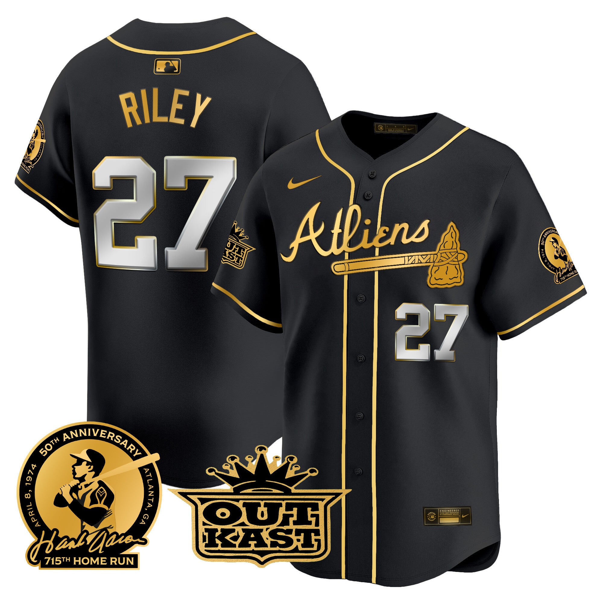 Men's Atlanta Braves Atliens & Hank Aaron Patch Vapor Premier Limited Jersey - All Stitched - Black Gold, Austin Riley