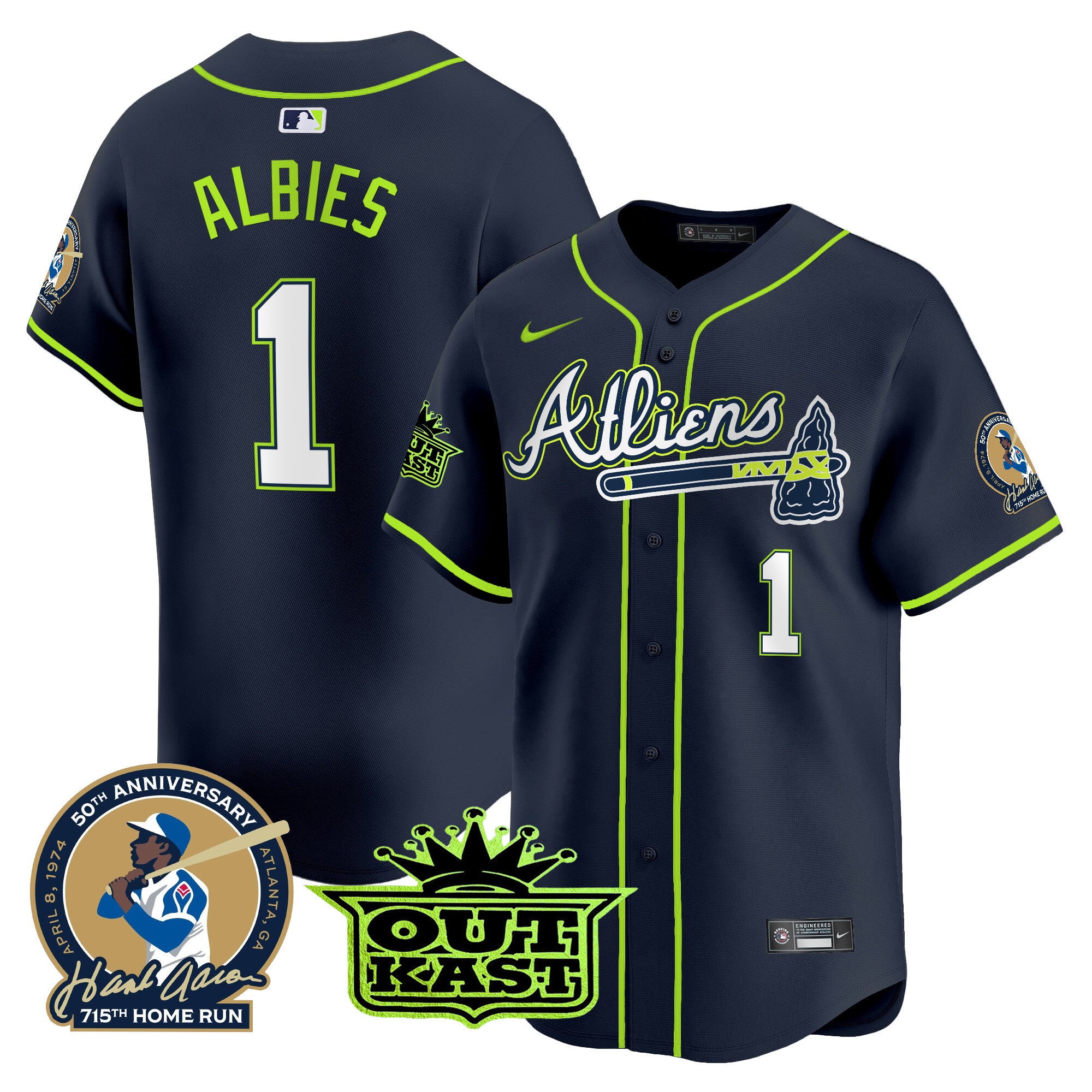 Men's Atlanta Braves Atliens & Hank Aaron Patch Vapor Premier Limited Jersey - All Stitched - Atliens, Ozzie Albies