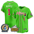 Men's Atlanta Braves Atliens & Hank Aaron Patch Vapor Premier Limited Jersey - All Stitched - Bright Green, Ozzie Albies