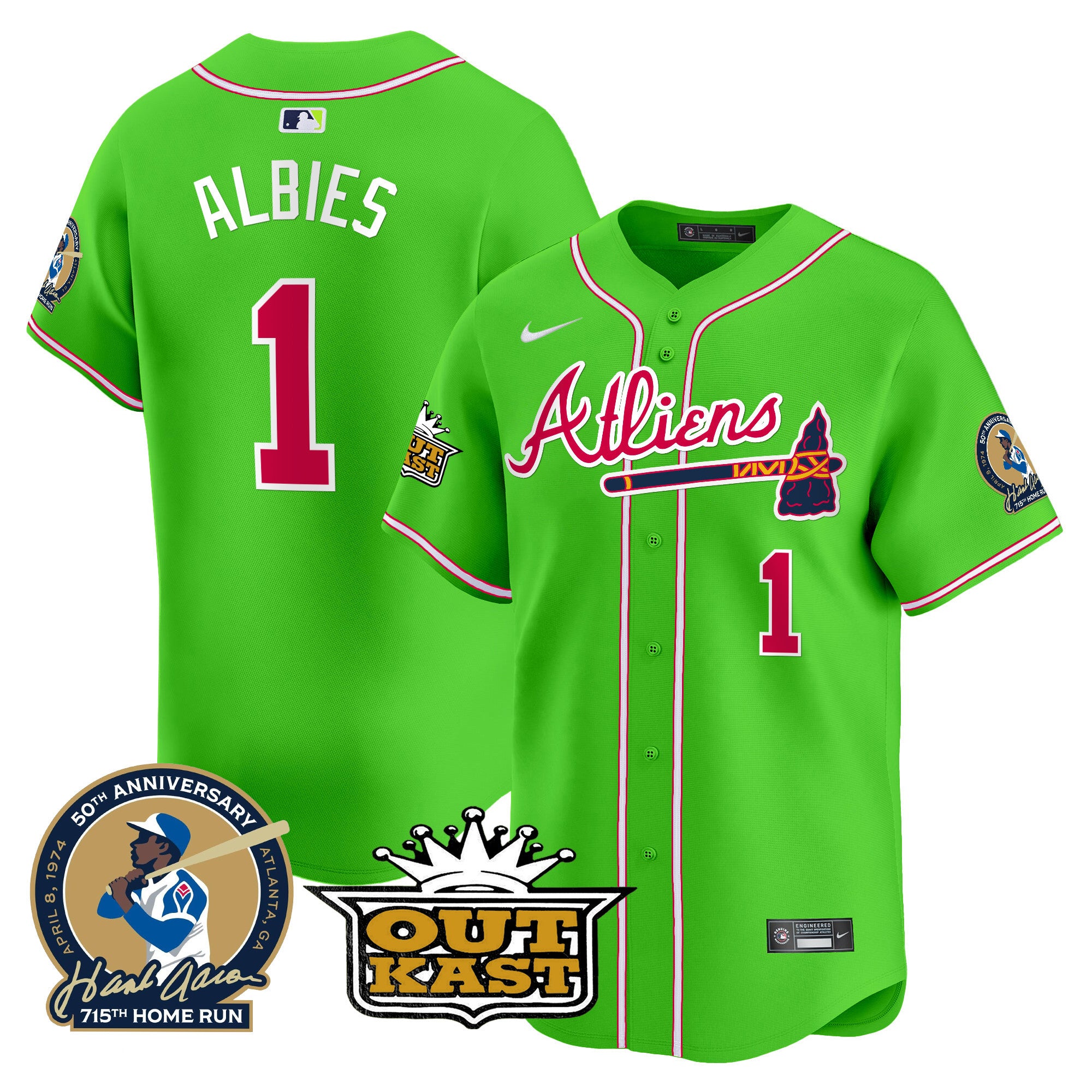 Men's Atlanta Braves Atliens & Hank Aaron Patch Vapor Premier Limited Jersey - All Stitched - Bright Green, Ozzie Albies
