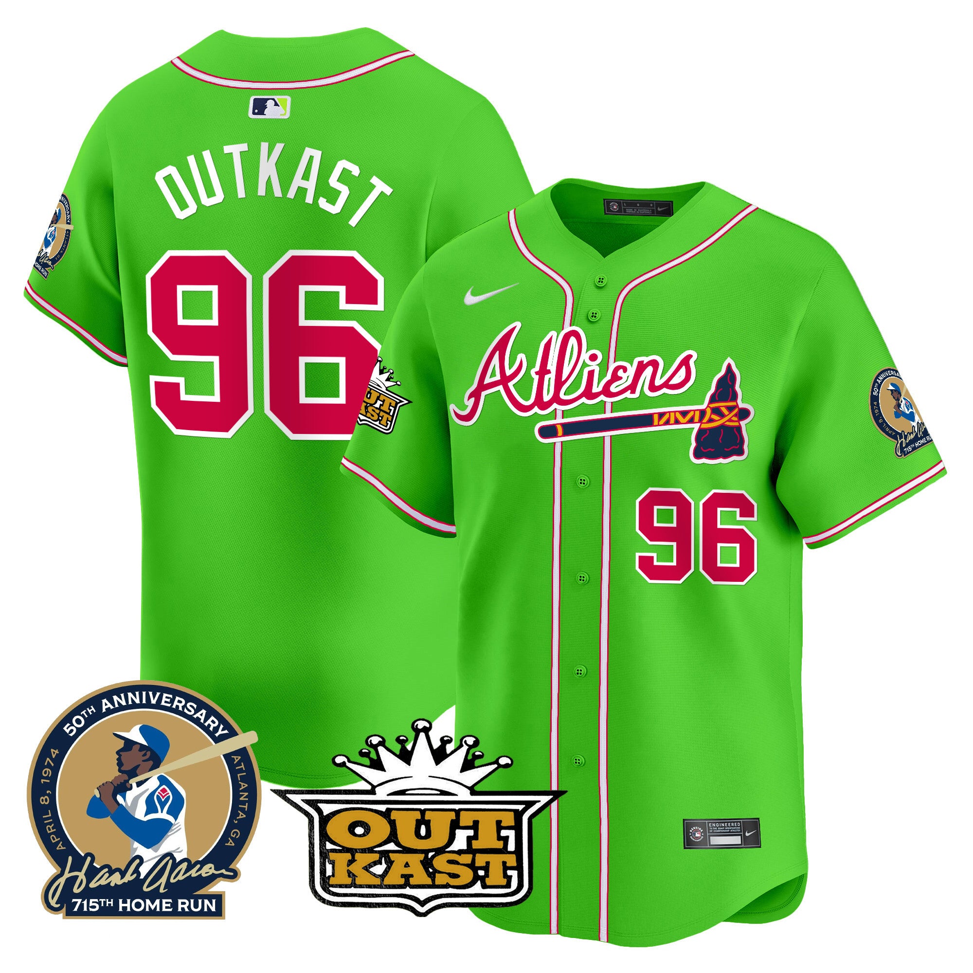 Men's Atlanta Braves Atliens & Hank Aaron Patch Vapor Premier Limited Jersey - All Stitched - Bright Green, Outkast