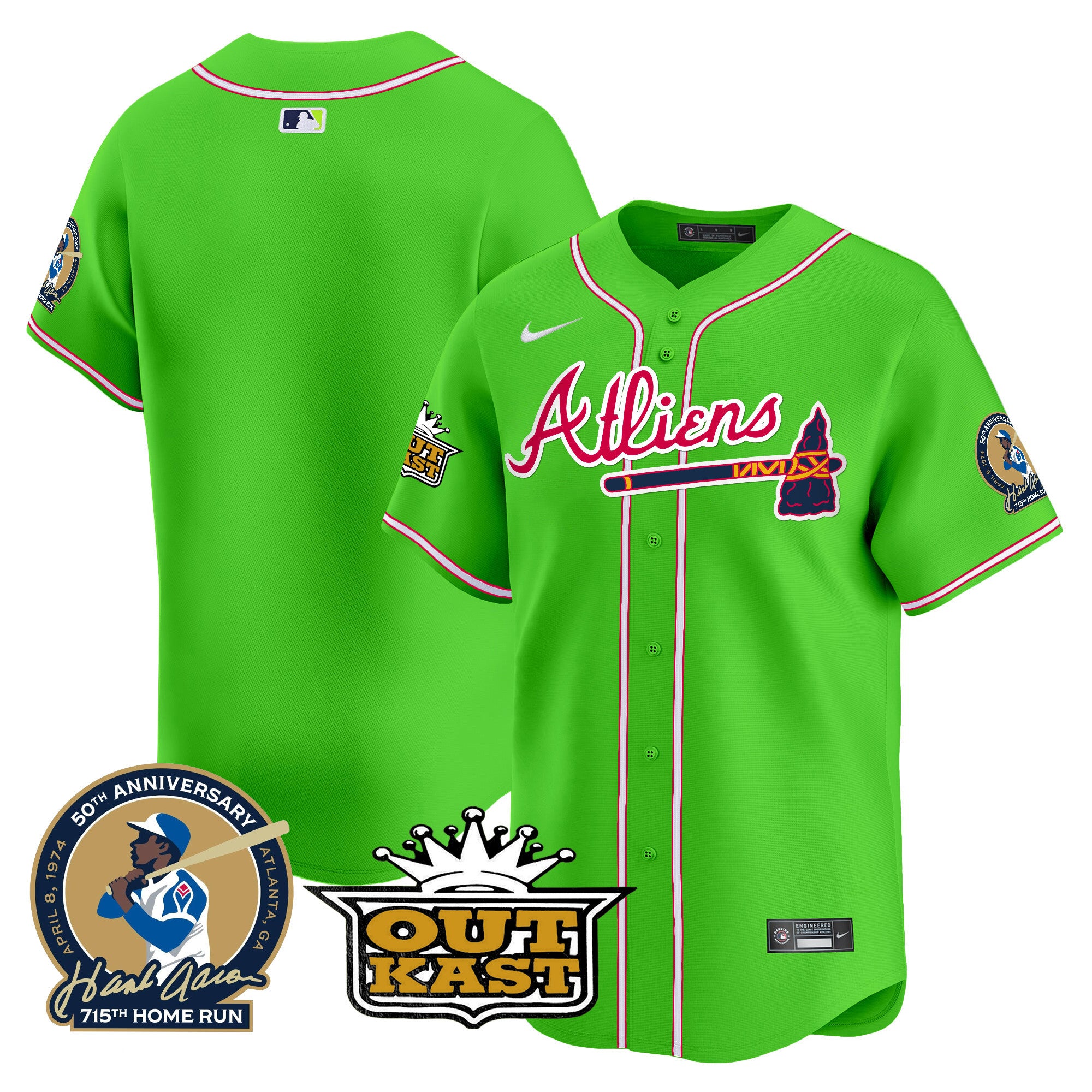 Men's Atlanta Braves Atliens & Hank Aaron Patch Vapor Premier Limited Jersey - All Stitched - Bright Green, Team