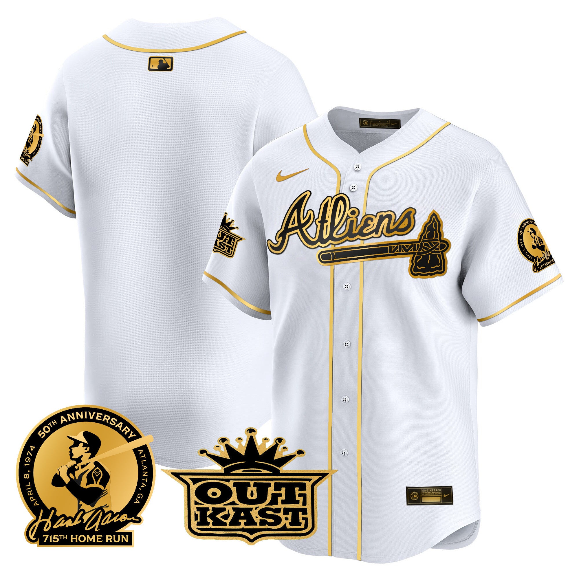 Men's Atlanta Braves Atliens & Hank Aaron Patch Vapor Premier Limited Jersey - All Stitched - White Gold, Team