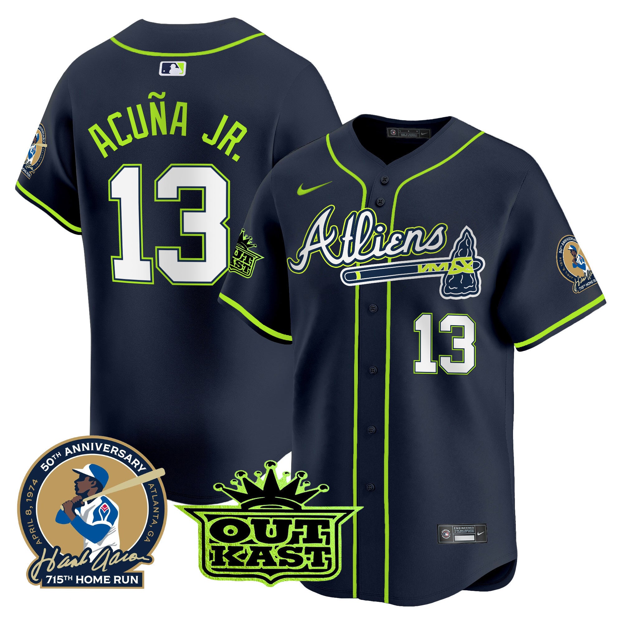 Men's Atlanta Braves Atliens & Hank Aaron Patch Vapor Premier Limited Jersey - All Stitched - Atliens, Ronald Acuna Jr.