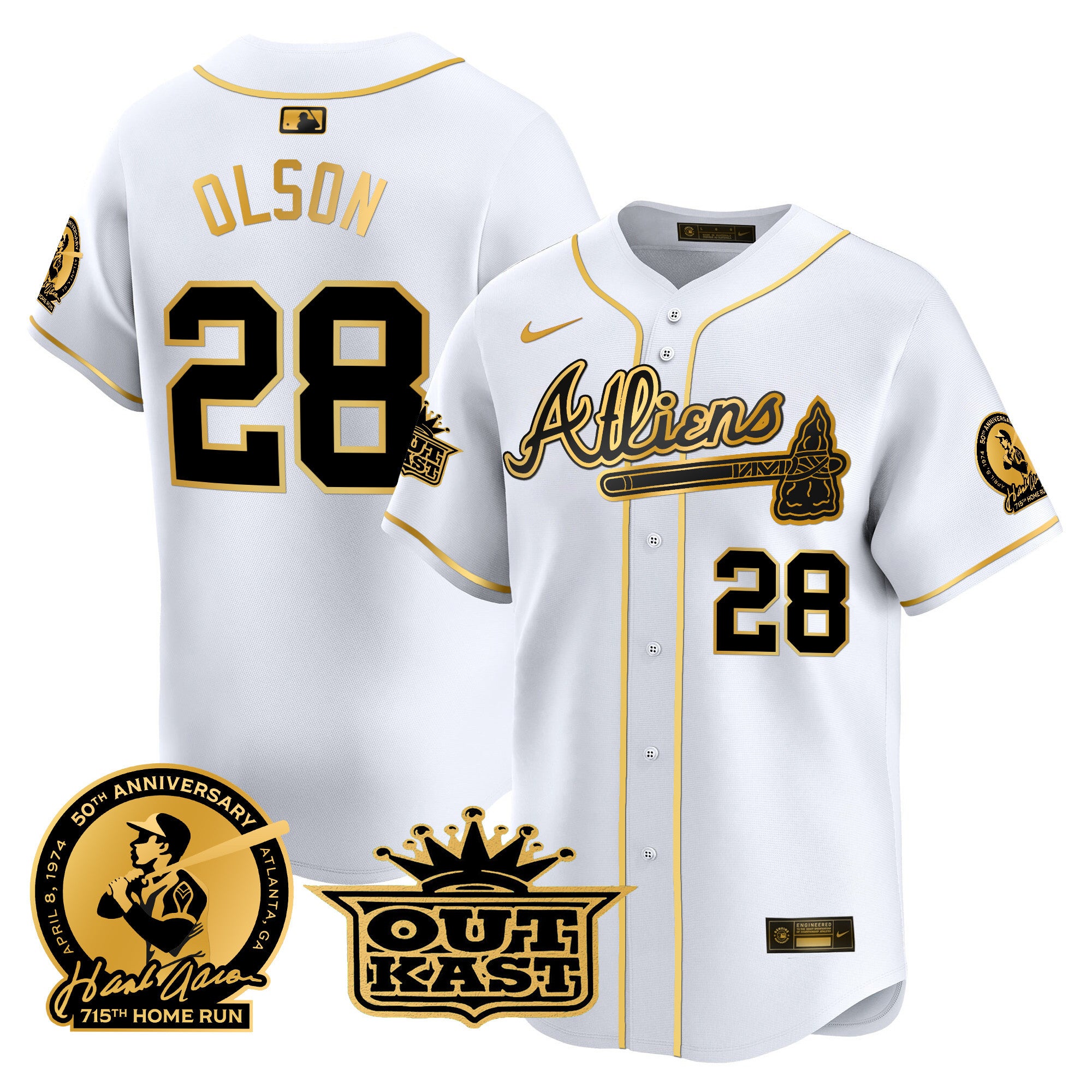 Men's Atlanta Braves Atliens & Hank Aaron Patch Vapor Premier Limited Jersey - All Stitched - White Gold, Matt Olson