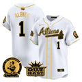 Men's Atlanta Braves Atliens & Hank Aaron Patch Vapor Premier Limited Jersey - All Stitched - White Gold, Ozzie Albies