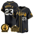 Men's Atlanta Braves Atliens & Hank Aaron Patch Vapor Premier Limited Jersey - All Stitched - Black Gold, Michael Harris II