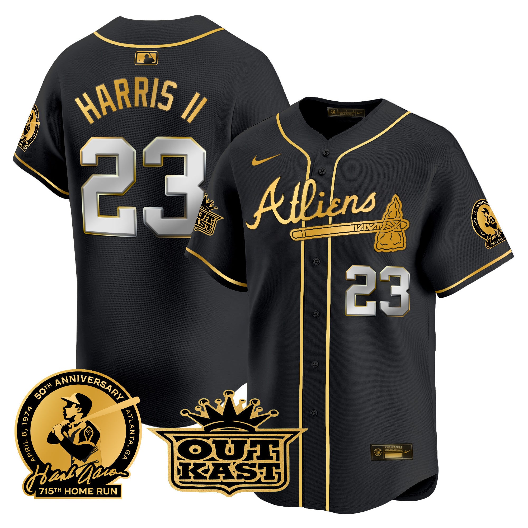Men's Atlanta Braves Atliens & Hank Aaron Patch Vapor Premier Limited Jersey - All Stitched - Black Gold, Michael Harris II