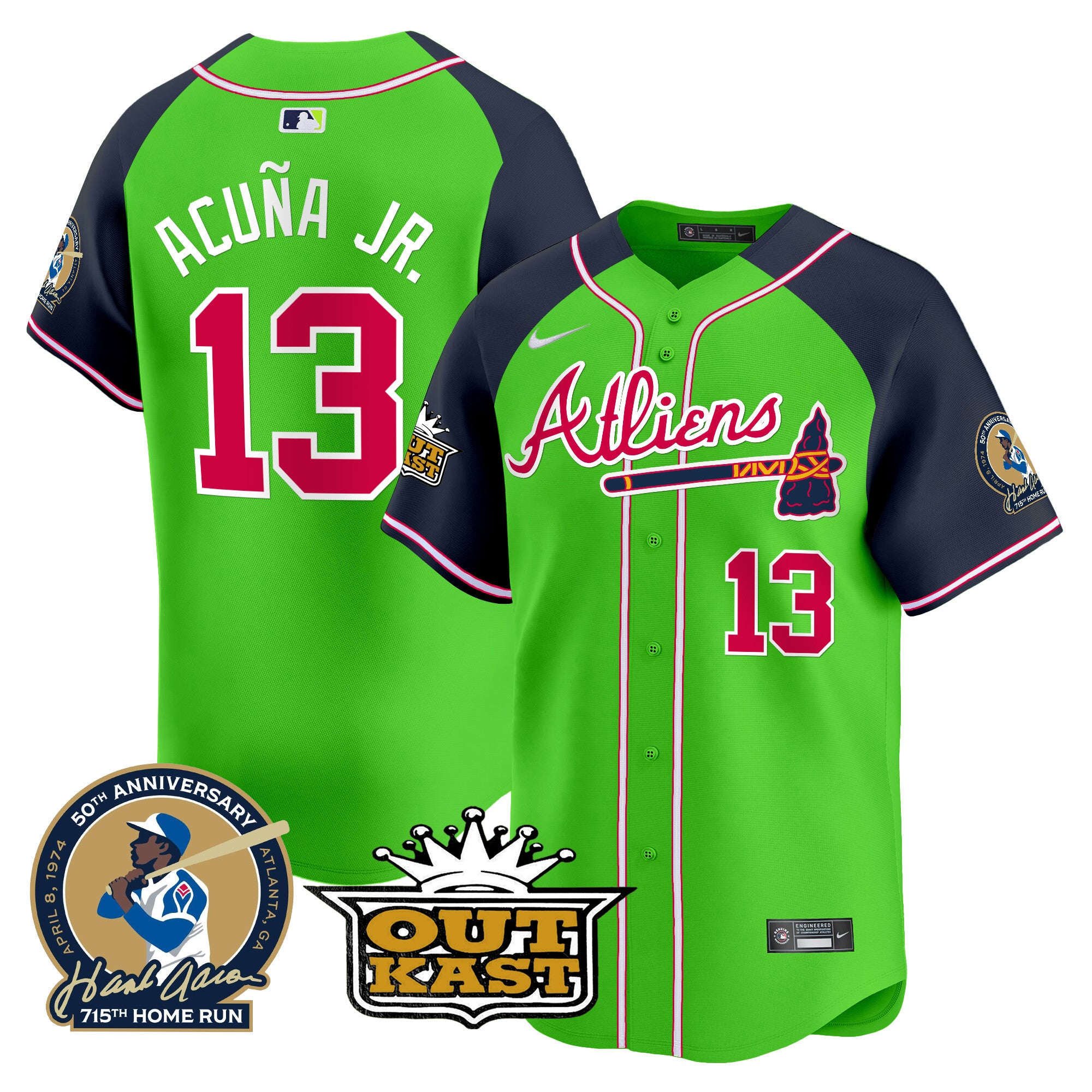 Men's Atlanta Braves Atliens & Hank Aaron Patch Vapor Premier Limited Jersey - All Stitched - Green Alternate, Ronald Acuna Jr.