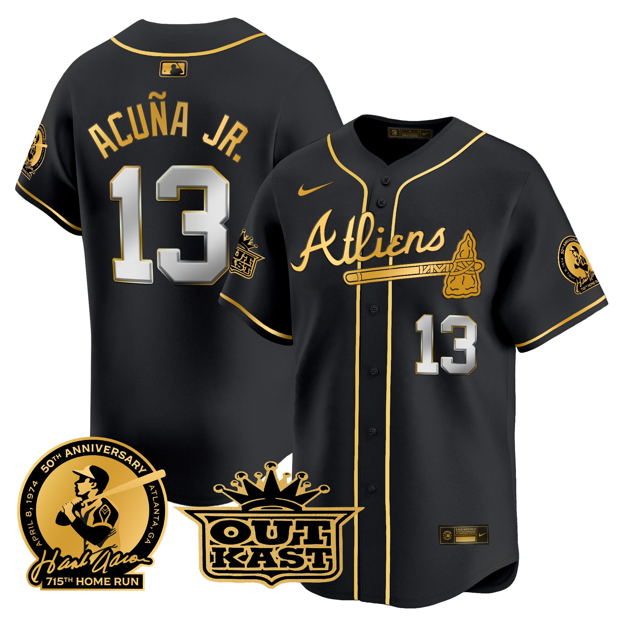 Men's Atlanta Braves Atliens & Hank Aaron Patch Vapor Premier Limited Jersey - All Stitched - Black Gold, Ronald Acuna Jr.