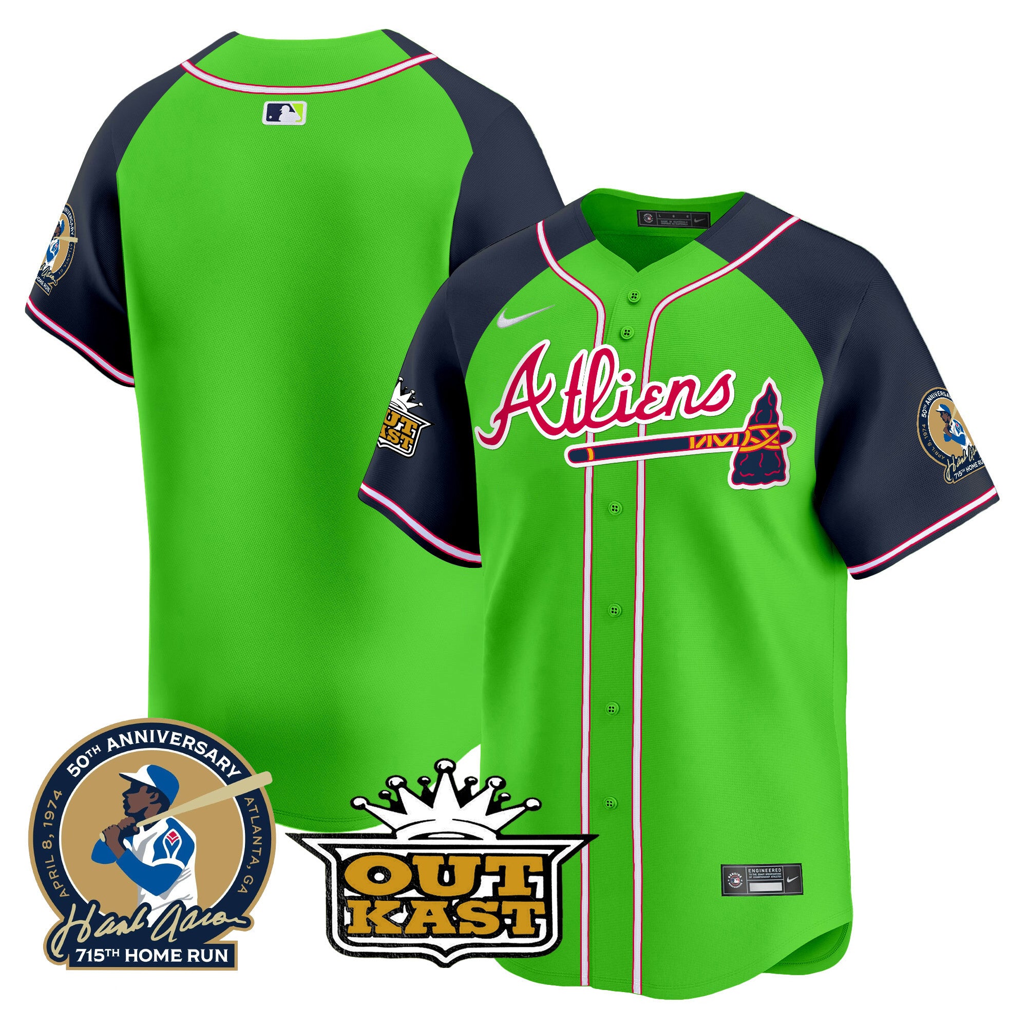 Men's Atlanta Braves Atliens & Hank Aaron Patch Vapor Premier Limited Jersey - All Stitched - Green Alternate, Team