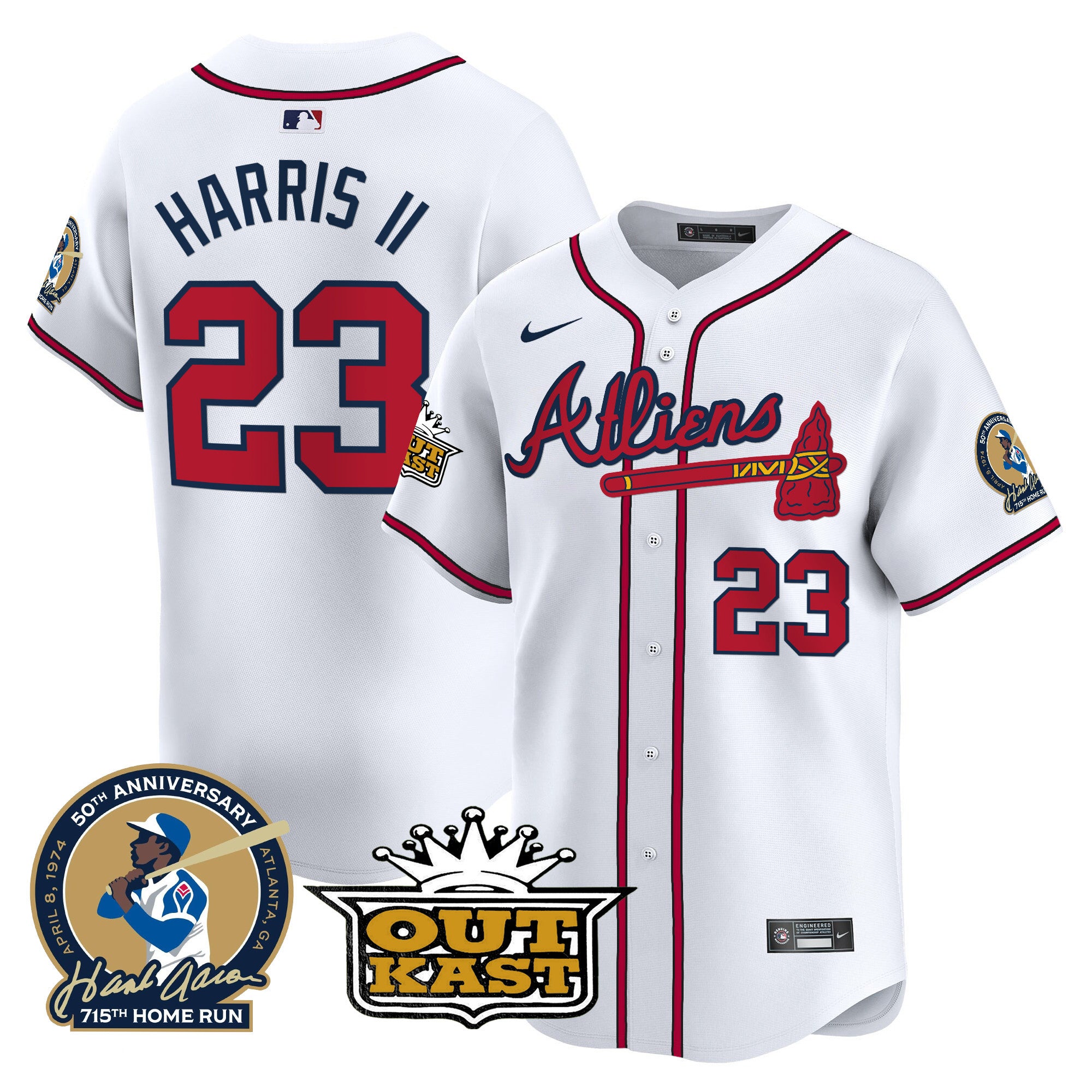 Men's Atlanta Braves Atliens & Hank Aaron Patch Vapor Premier Limited Jersey - All Stitched - White, Michael Harris II