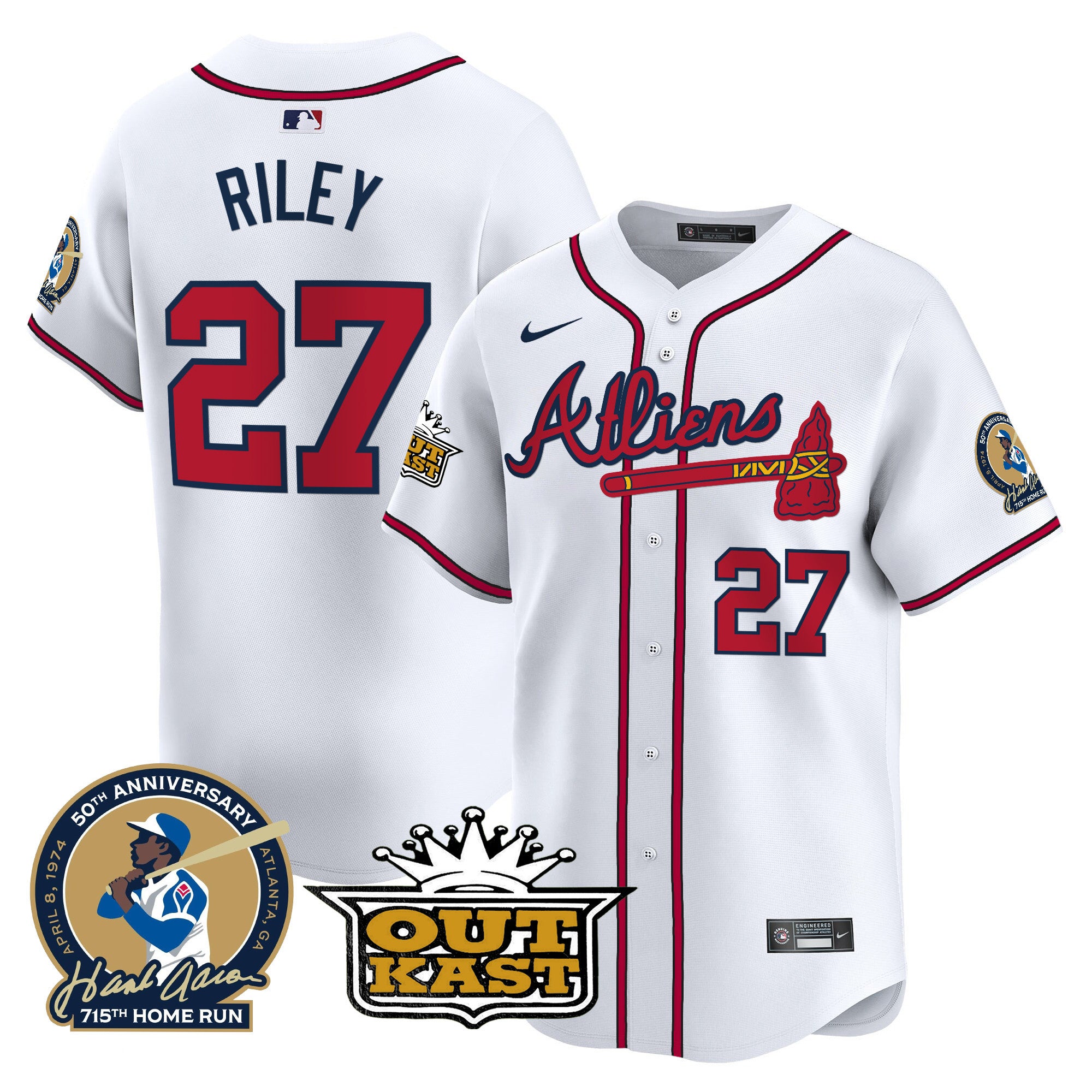Men's Atlanta Braves Atliens & Hank Aaron Patch Vapor Premier Limited Jersey - All Stitched - White, Austin Riley