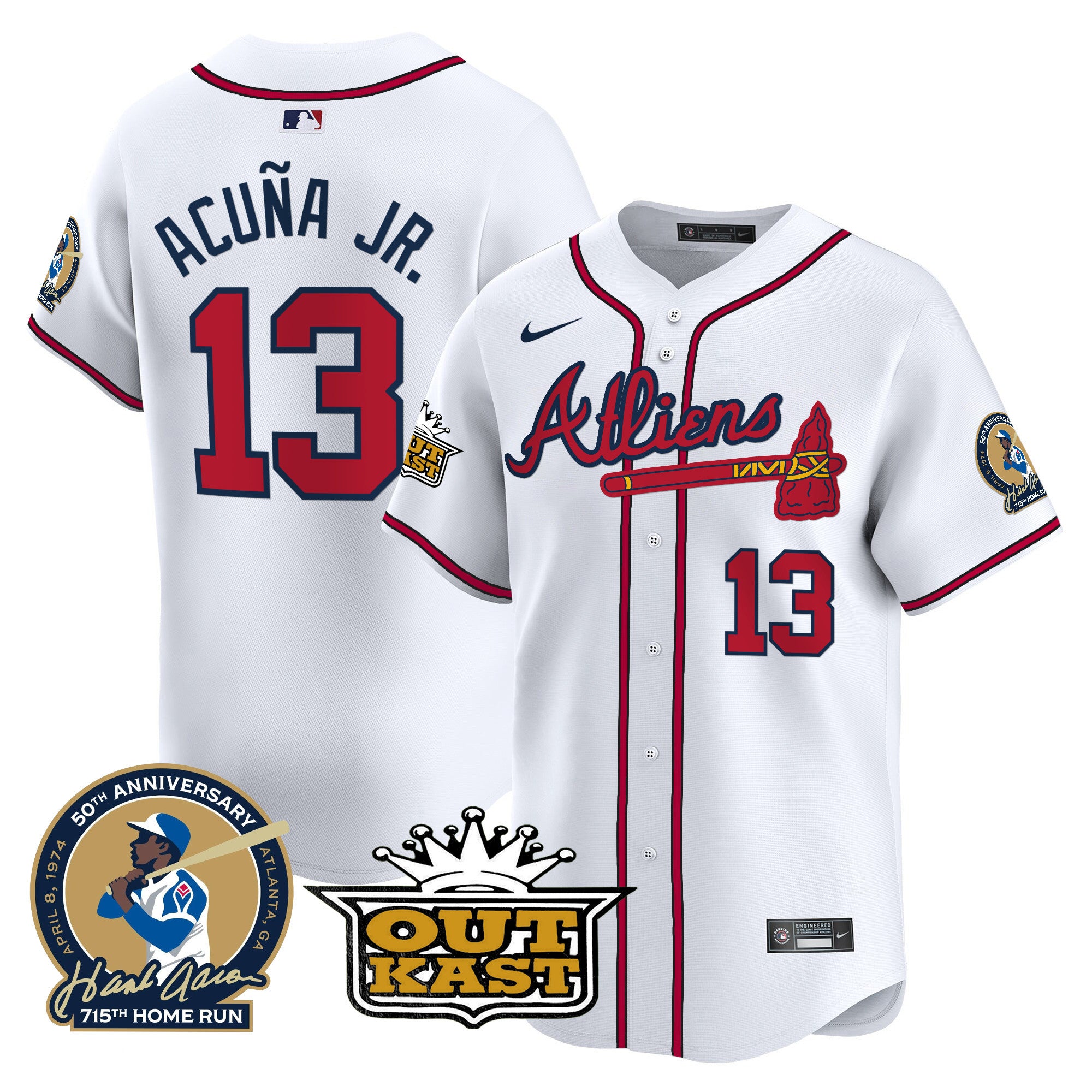 Men's Atlanta Braves Atliens & Hank Aaron Patch Vapor Premier Limited Jersey - All Stitched - White, Ronald Acuna Jr.