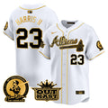 Men's Atlanta Braves Atliens & Hank Aaron Patch Vapor Premier Limited Jersey - All Stitched - White Gold, Michael Harris II