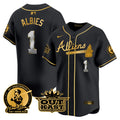 Men's Atlanta Braves Atliens & Hank Aaron Patch Vapor Premier Limited Jersey - All Stitched - Black Gold, Ozzie Albies