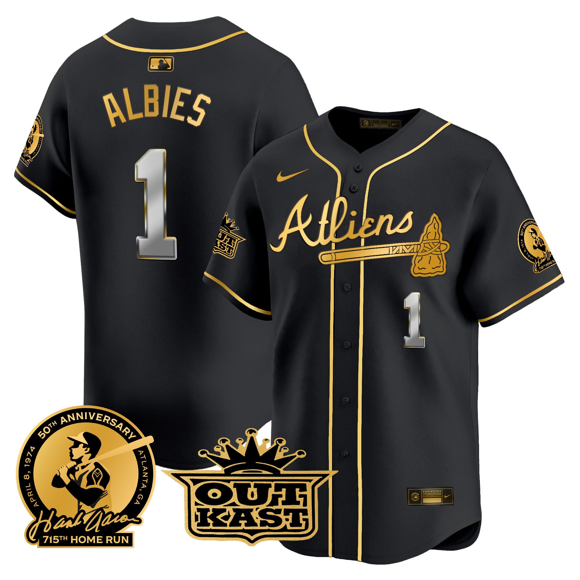 Men's Atlanta Braves Atliens & Hank Aaron Patch Vapor Premier Limited Jersey - All Stitched - Black Gold, Ozzie Albies
