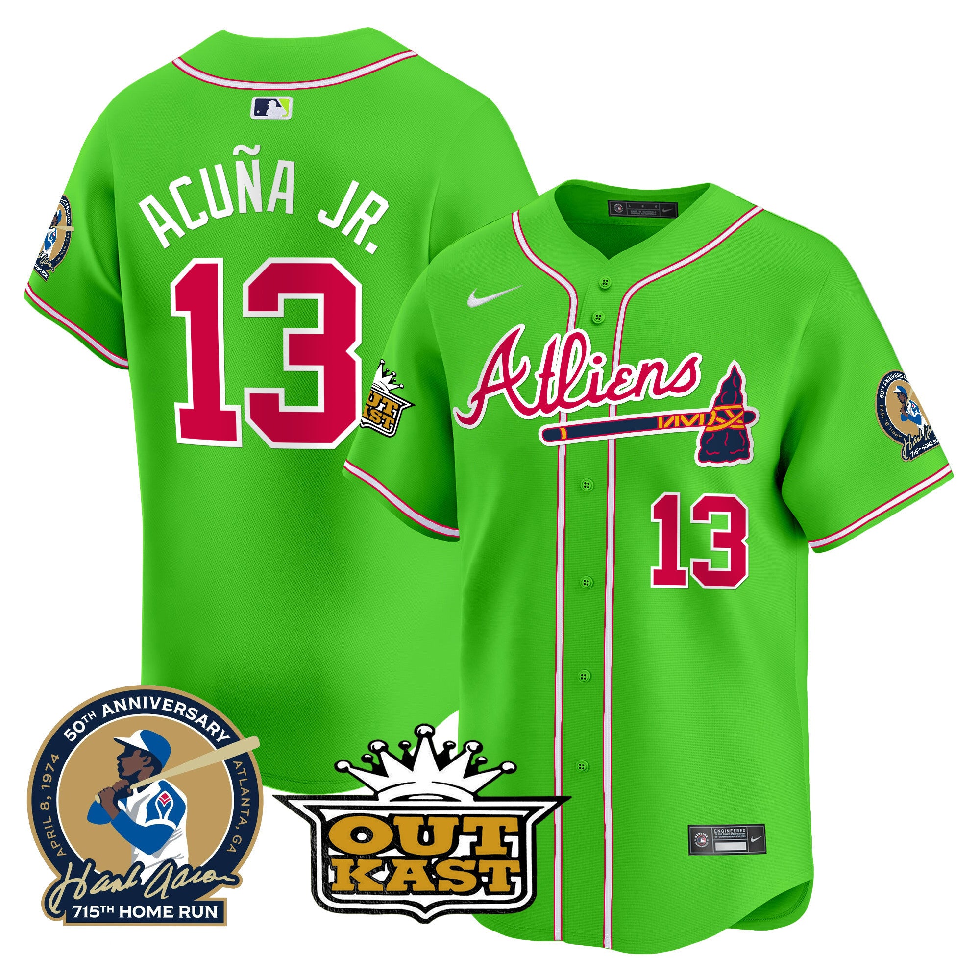 Men's Atlanta Braves Atliens & Hank Aaron Patch Vapor Premier Limited Jersey - All Stitched - Bright Green, Ronald Acuna Jr.