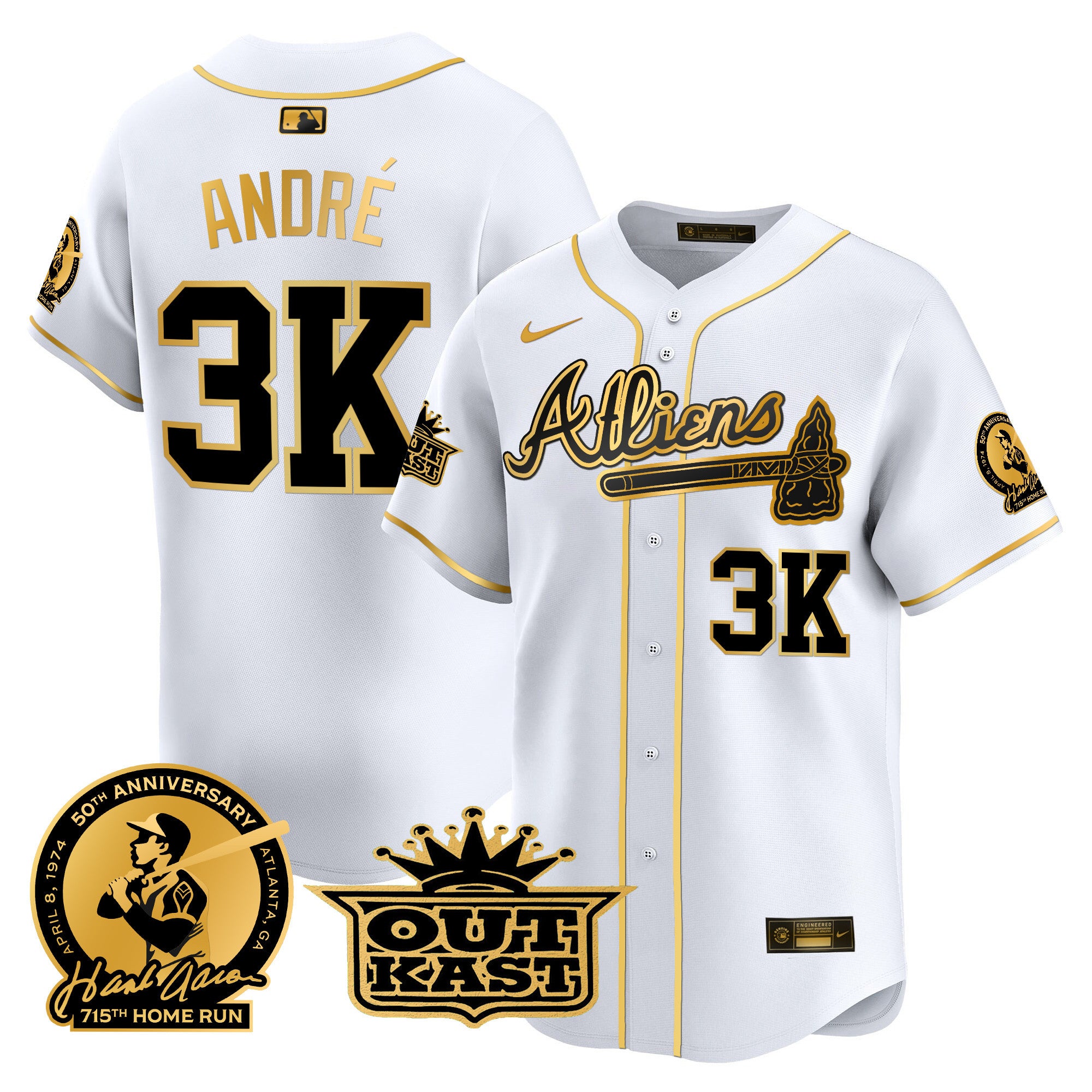 Men's Atlanta Braves Atliens & Hank Aaron Patch Vapor Premier Limited Jersey - All Stitched - White Gold, André