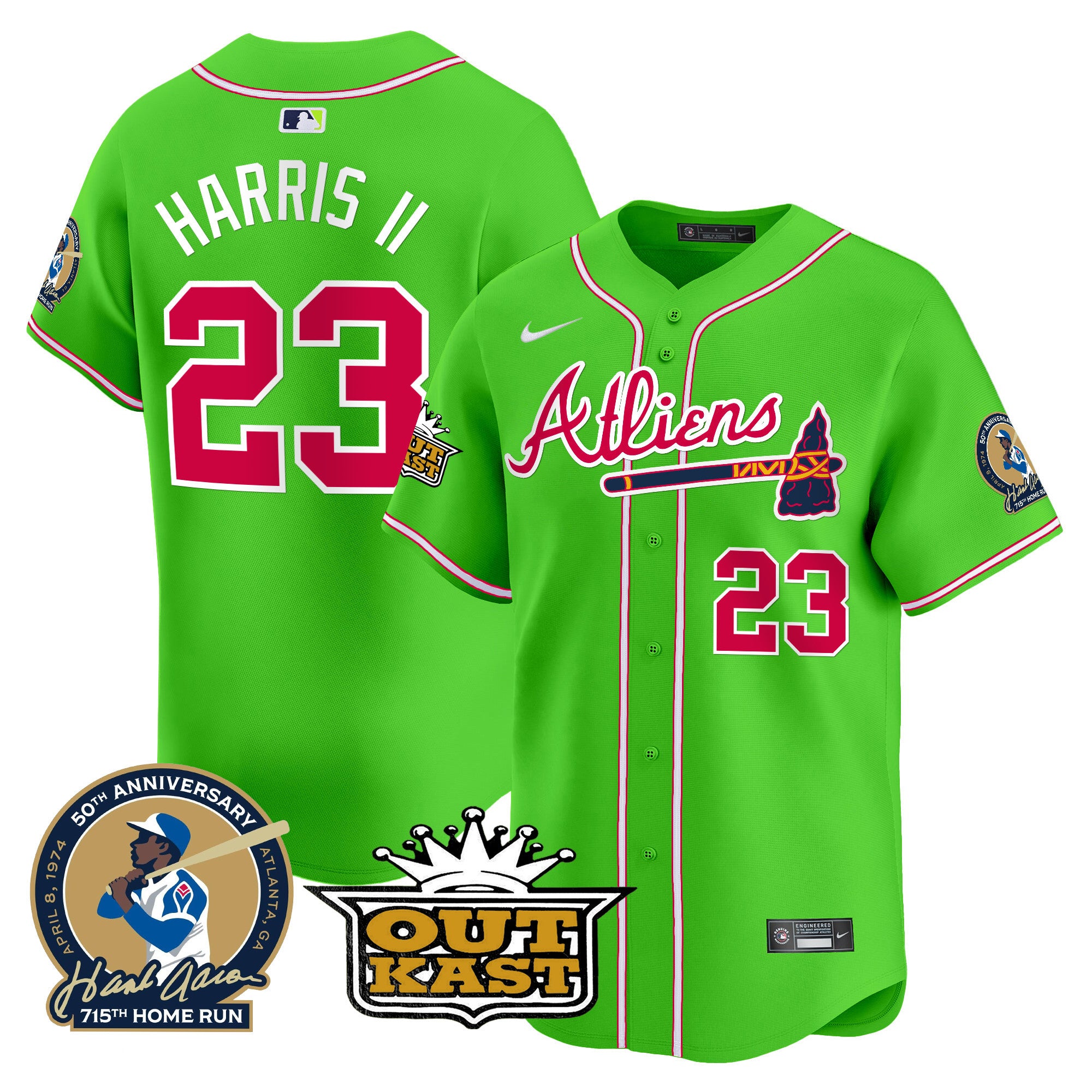 Men's Atlanta Braves Atliens & Hank Aaron Patch Vapor Premier Limited Jersey - All Stitched - Bright Green, Michael Harris II