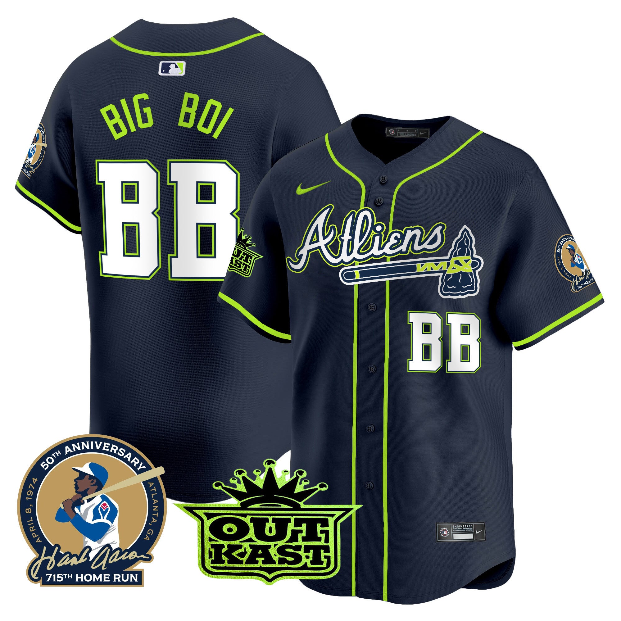 Men's Atlanta Braves Atliens & Hank Aaron Patch Vapor Premier Limited Jersey - All Stitched - Atliens, Big Boi