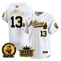Men's Atlanta Braves Atliens & Hank Aaron Patch Vapor Premier Limited Jersey - All Stitched - White Gold, Ronald Acuna Jr.