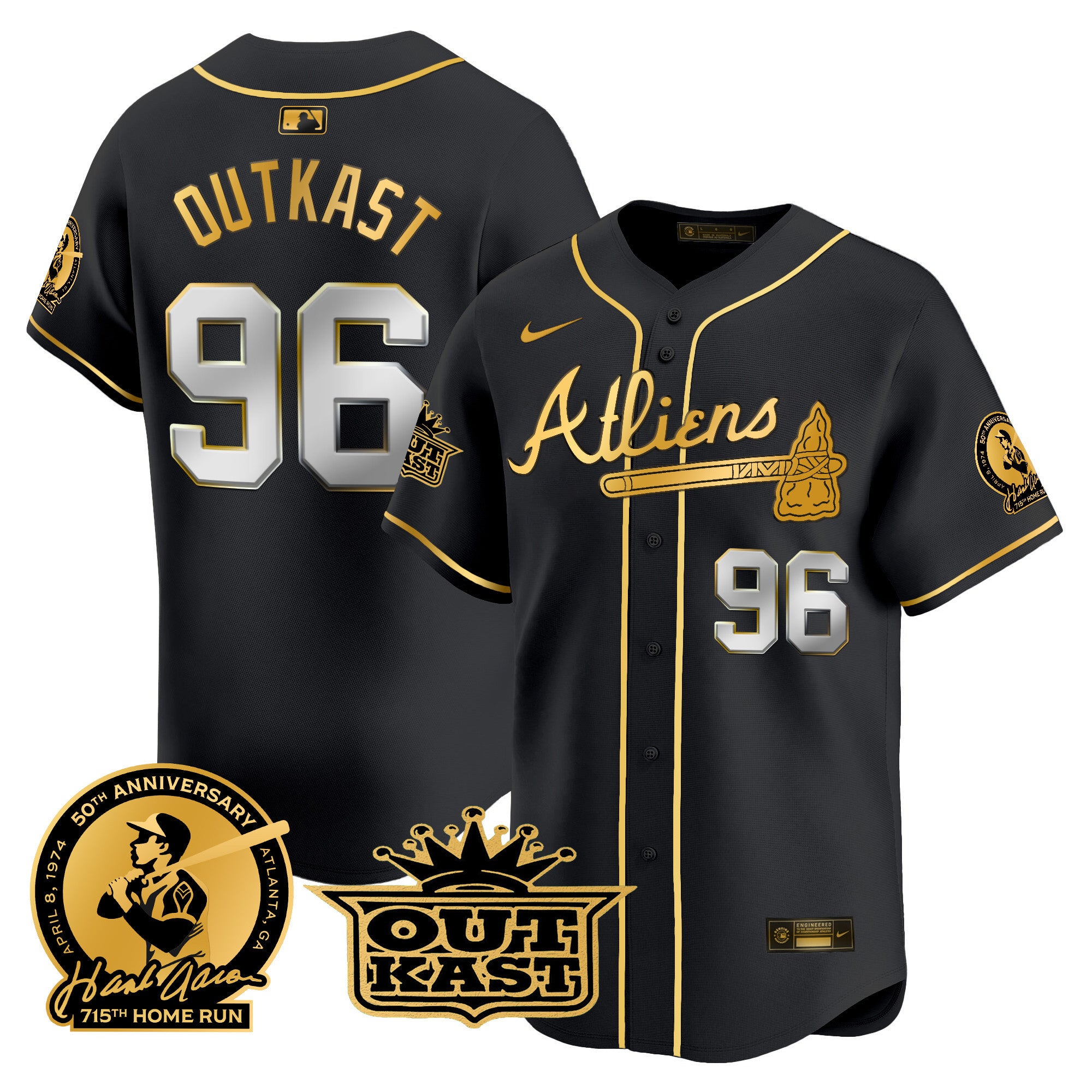 Men's Atlanta Braves Atliens & Hank Aaron Patch Vapor Premier Limited Jersey - All Stitched - Black Gold, Outkast