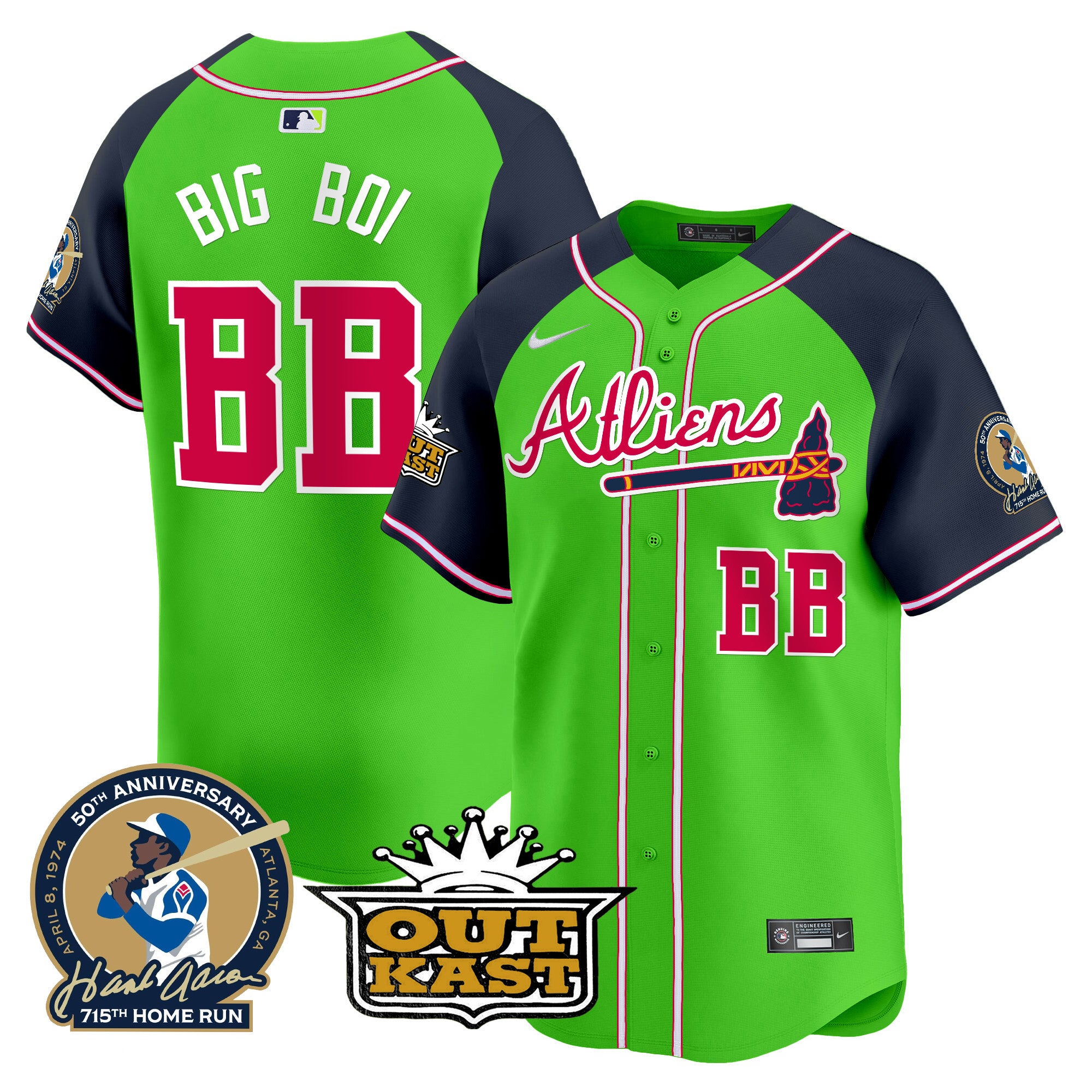 Men's Atlanta Braves Atliens & Hank Aaron Patch Vapor Premier Limited Jersey - All Stitched - Green Alternate, Big Boi