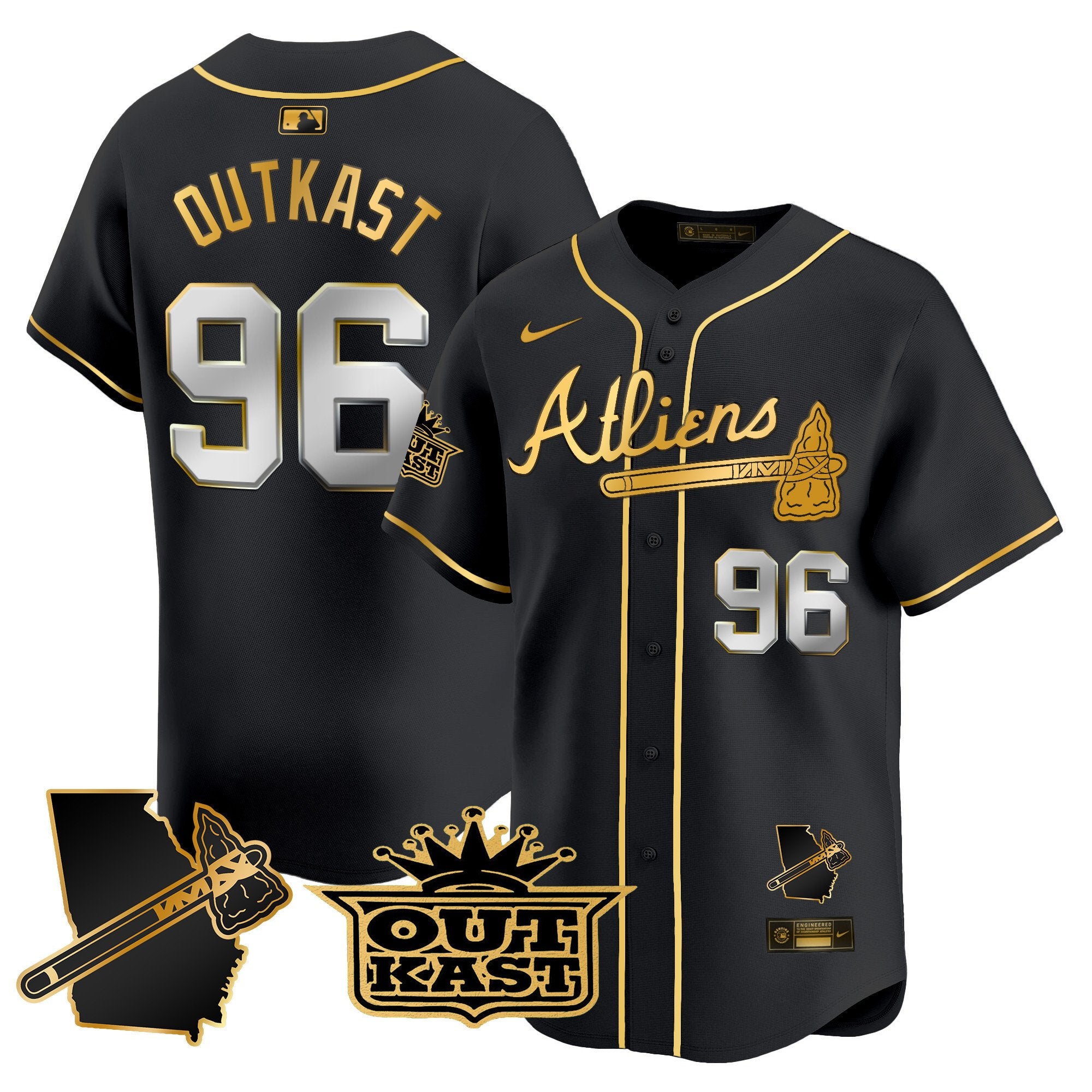 Men's Atlanta Braves Atliens Vapor Premier Limited Jersey V2 - All Stitched - Black Gold, Outkast