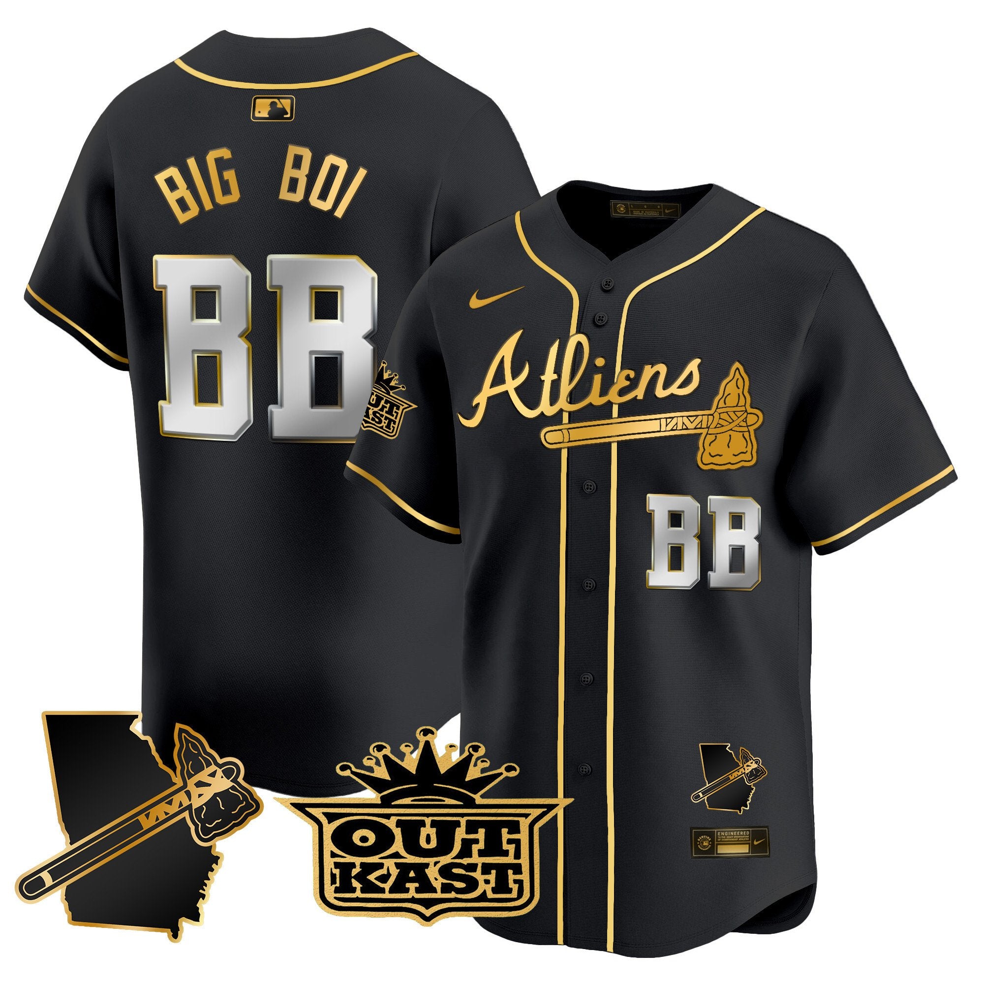 Men's Atlanta Braves Atliens Vapor Premier Limited Jersey V2 - All Stitched - Black Gold, Big Boi