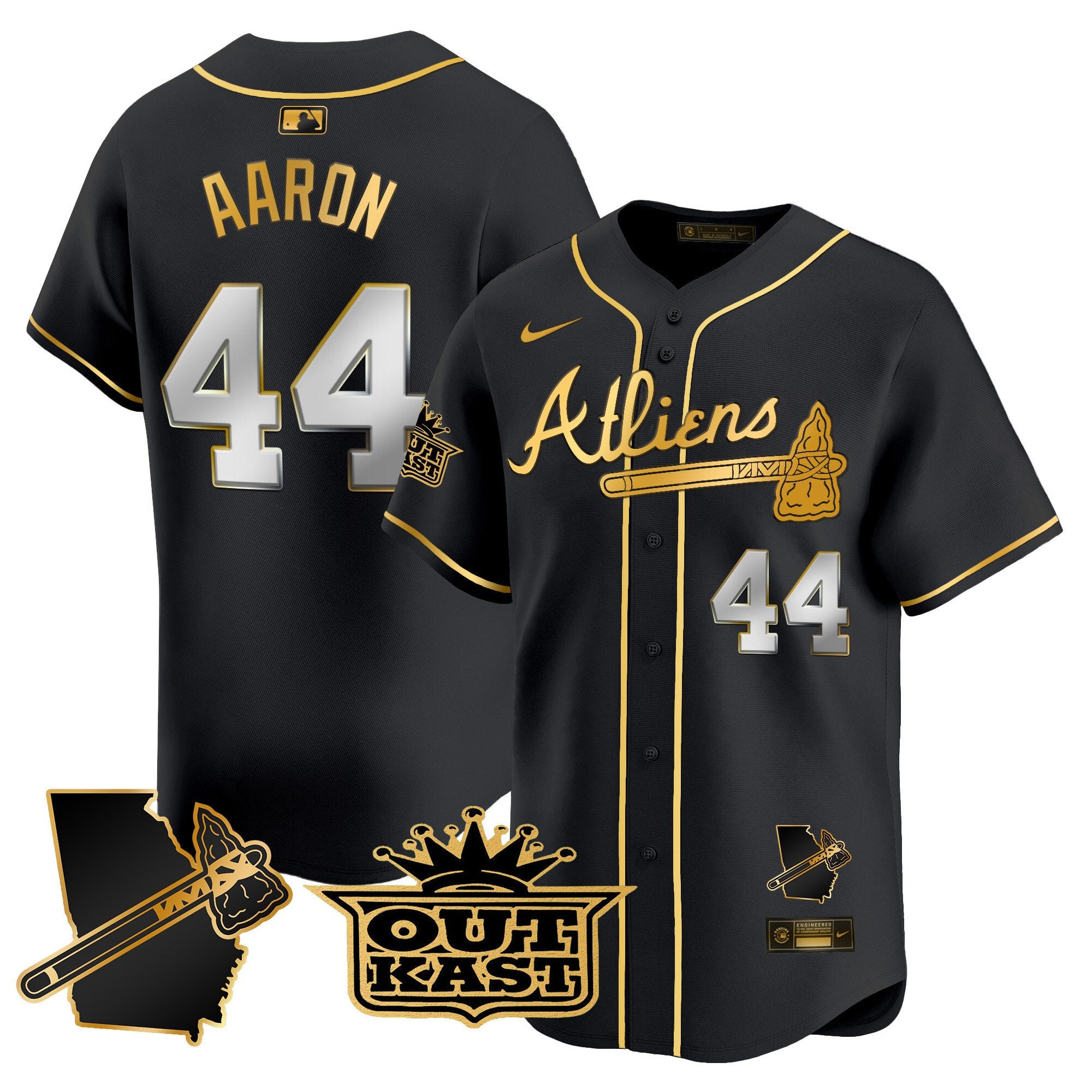 Men's Atlanta Braves Atliens Vapor Premier Limited Jersey V2 - All Stitched - Black Gold, Hank Aaron
