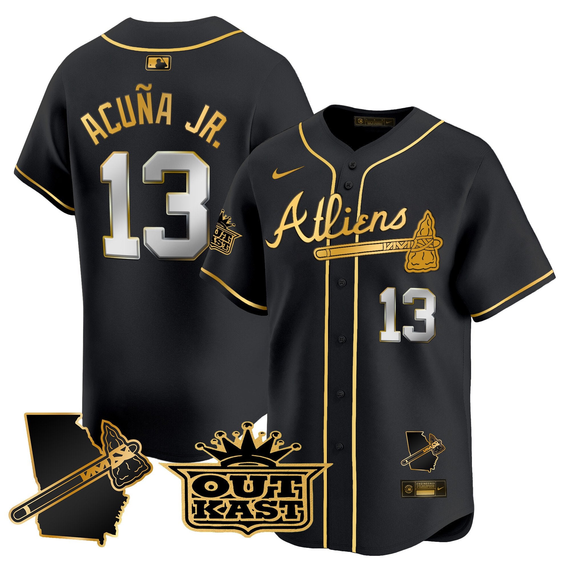 Men's Atlanta Braves Atliens Vapor Premier Limited Jersey V2 - All Stitched - Black Gold, Ronald Acuna Jr.
