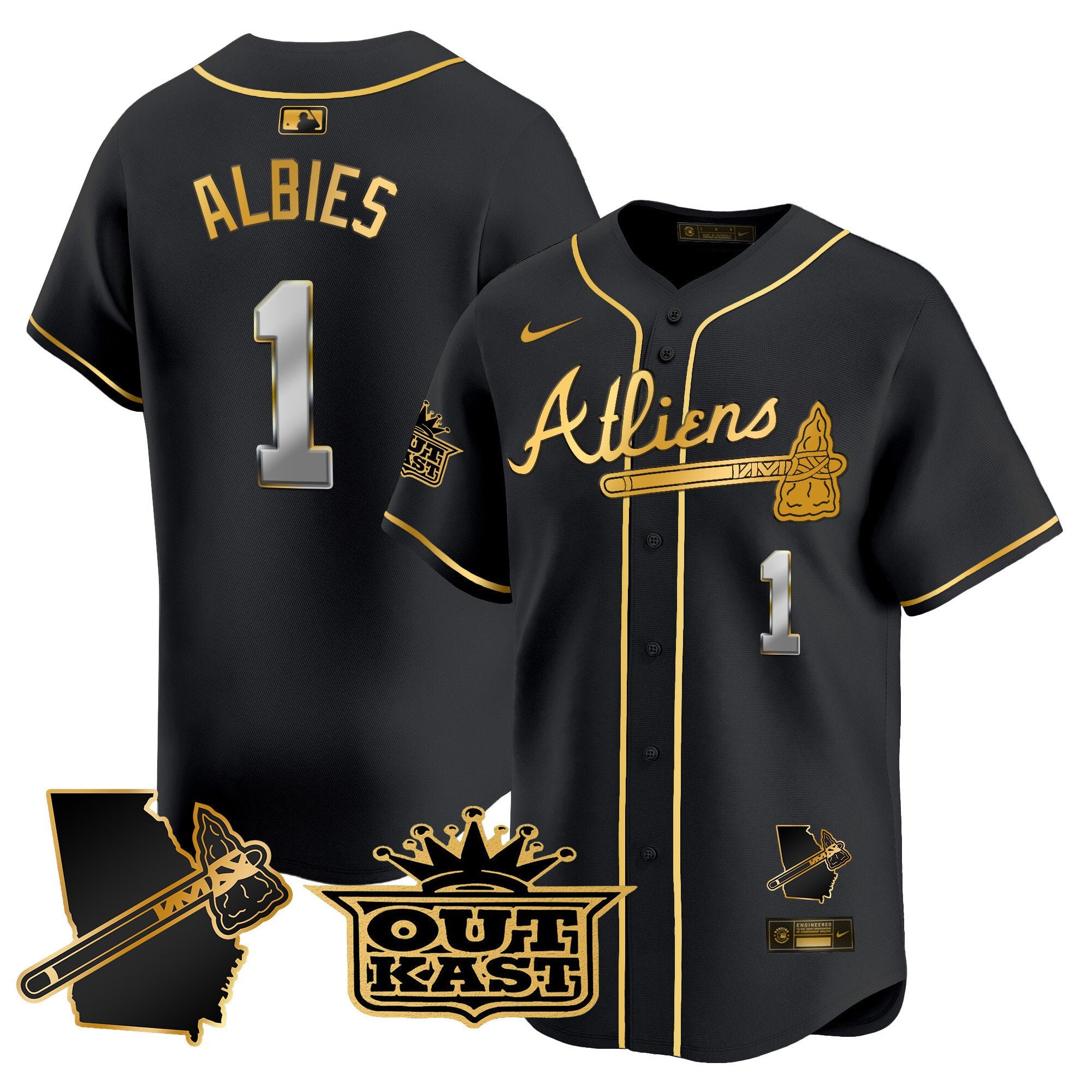 Men's Atlanta Braves Atliens Vapor Premier Limited Jersey V2 - All Stitched - Black Gold, Ozzie Albies