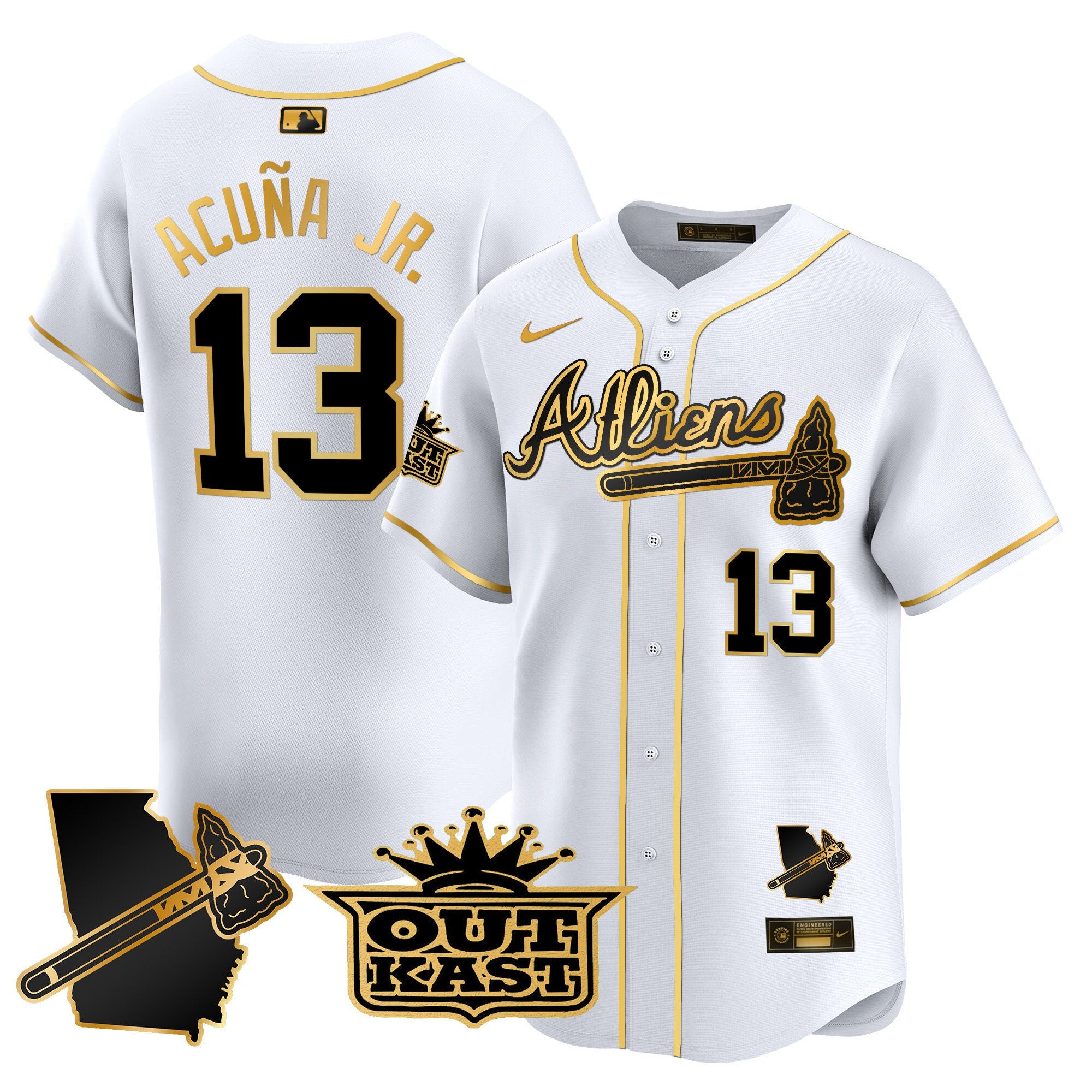 Men's Atlanta Braves Atliens Vapor Premier Limited Jersey V2 - All Stitched - White Gold, Ronald Acuna Jr.