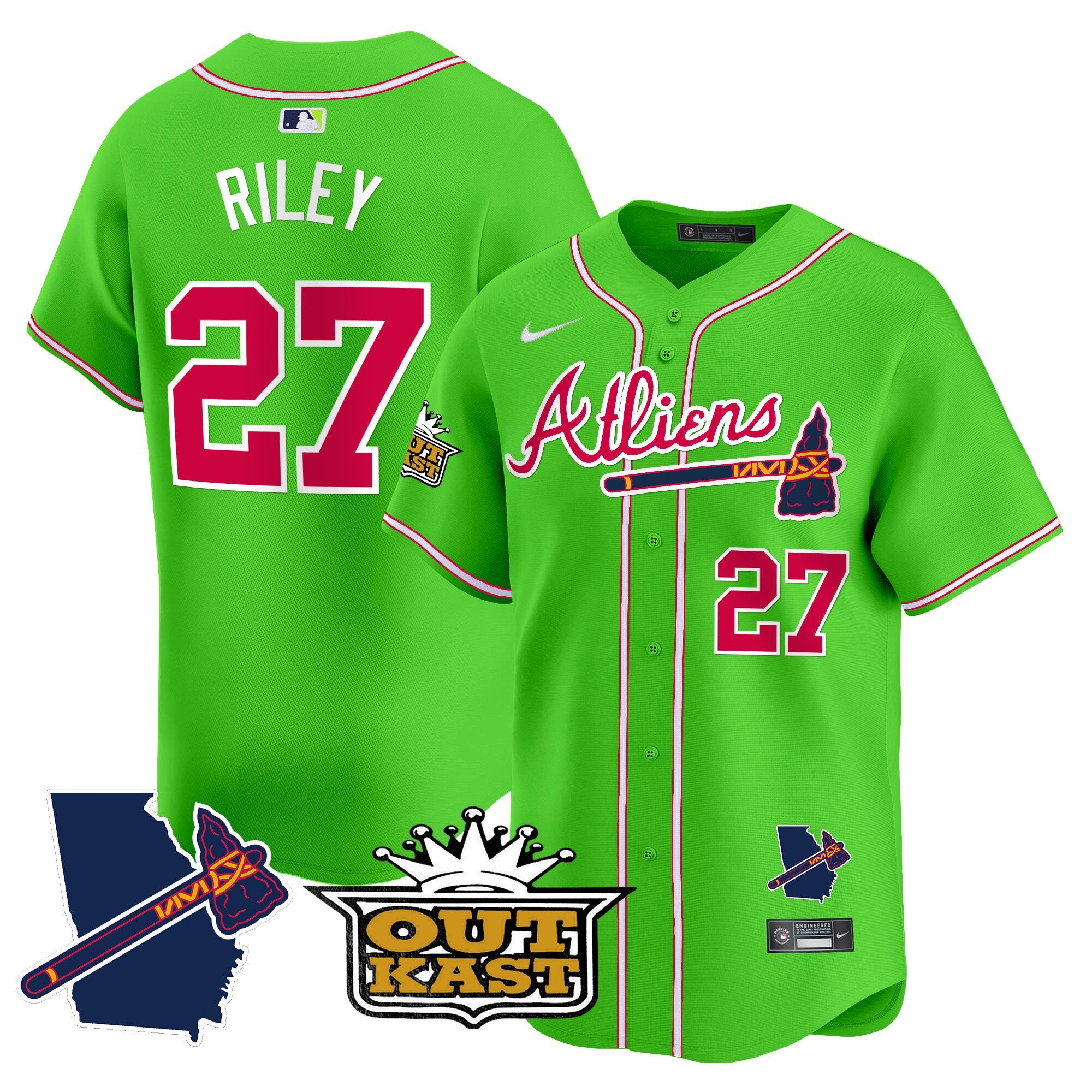 Men's Atlanta Braves Atliens Vapor Premier Limited Jersey V2 - All Stitched - Bright Green, Austin Riley