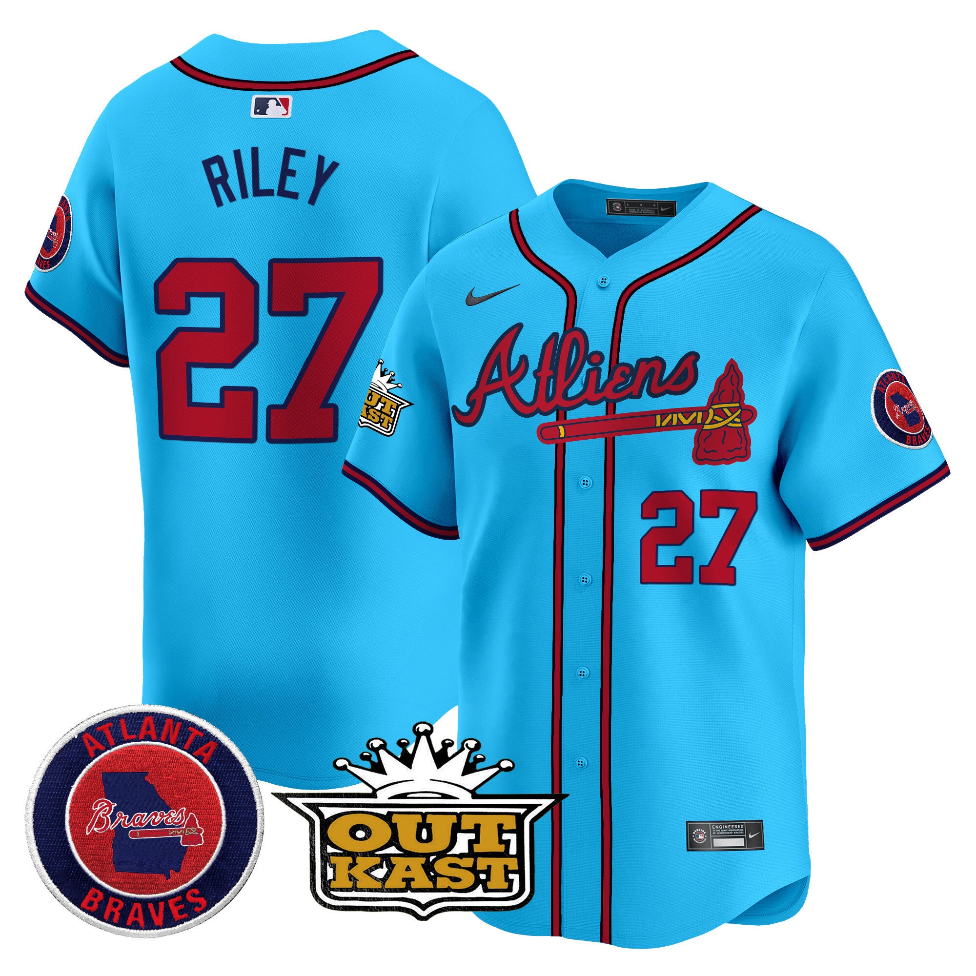 Men's Atlanta Braves Atliens Vapor Premier Limited Jersey V4 - All Stitched - Light Blue, Austin Riley