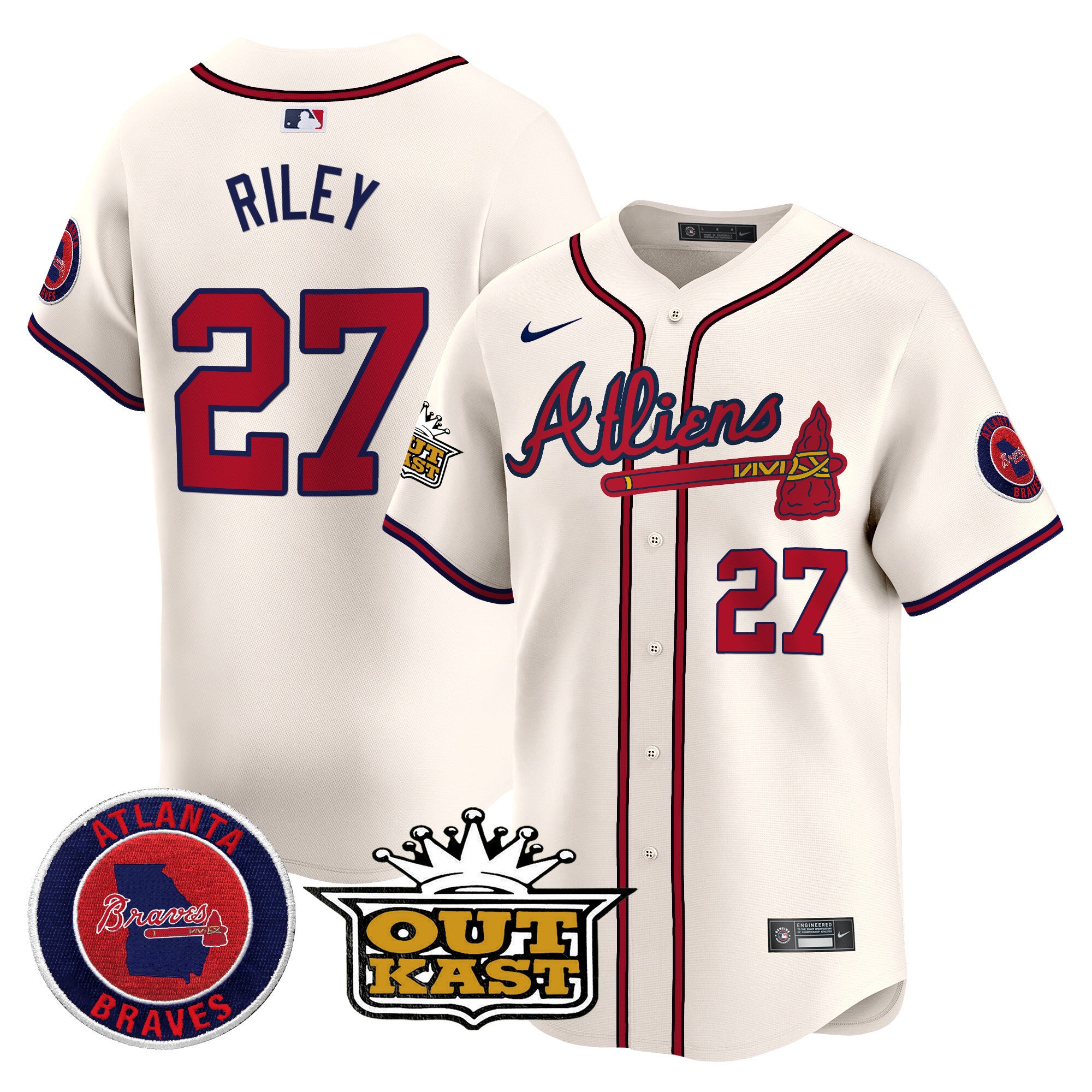 Men's Atlanta Braves Atliens Vapor Premier Limited Jersey V4 - All Stitched - Cream, Austin Riley