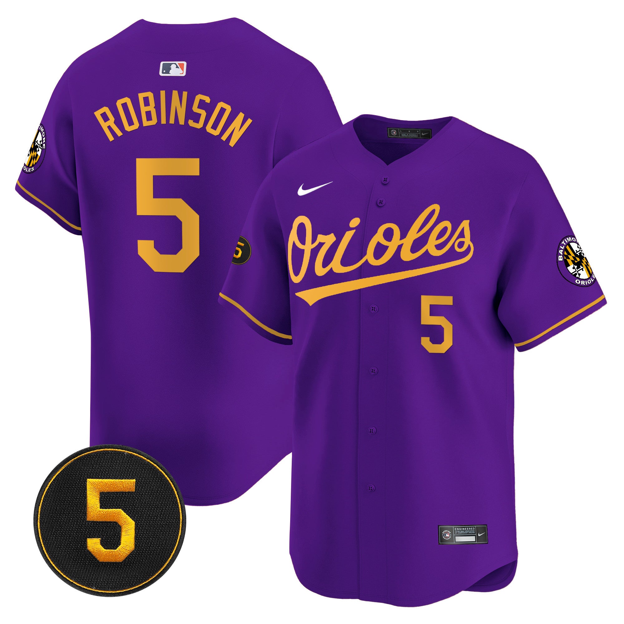 Men's Baltimore Orioles Robinson Patch Vapor Premier Limited Jersey V2 - All Stitched - Purple Gold, Brooks Robinson