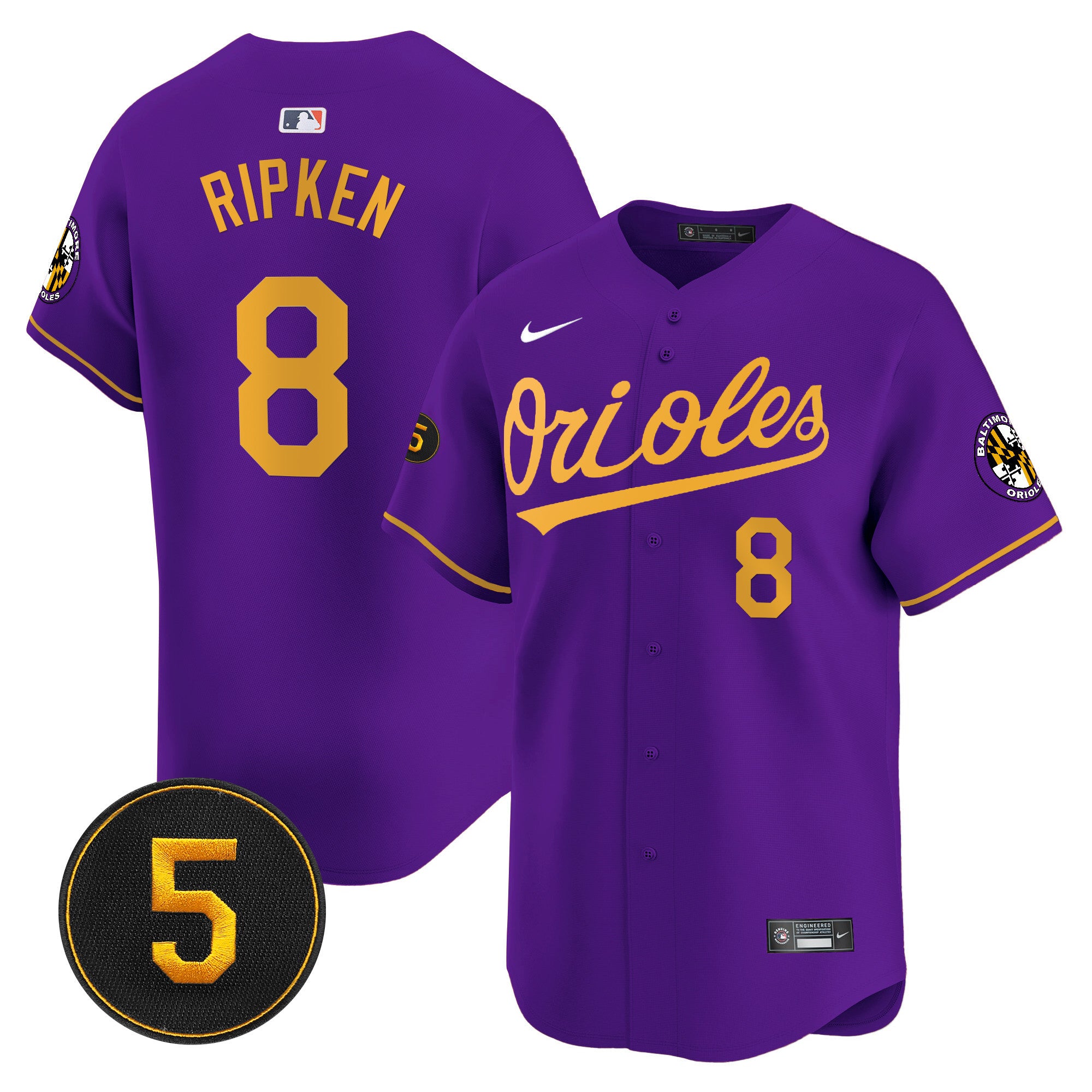 Men's Baltimore Orioles Robinson Patch Vapor Premier Limited Jersey V2 - All Stitched - Purple Gold, Cal Ripken