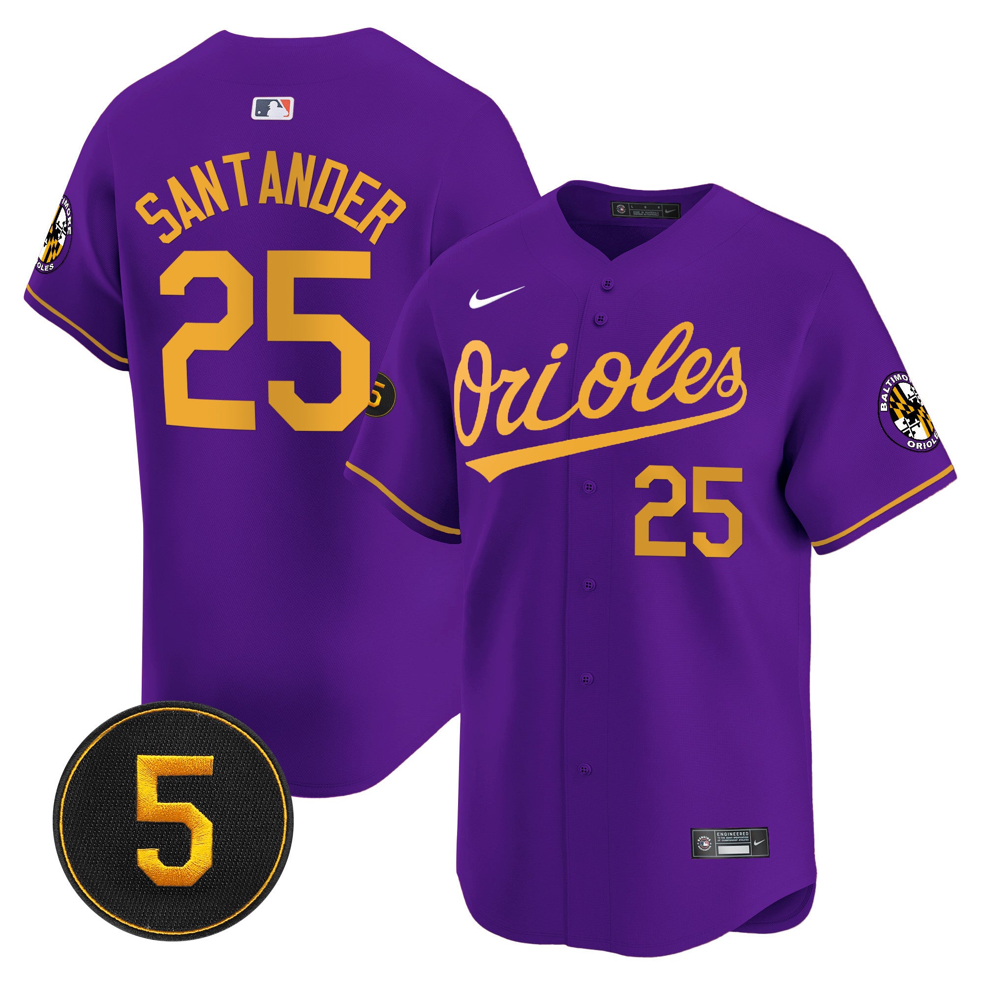 Men's Baltimore Orioles Robinson Patch Vapor Premier Limited Jersey V2 - All Stitched - Purple Gold, Anthony Santander