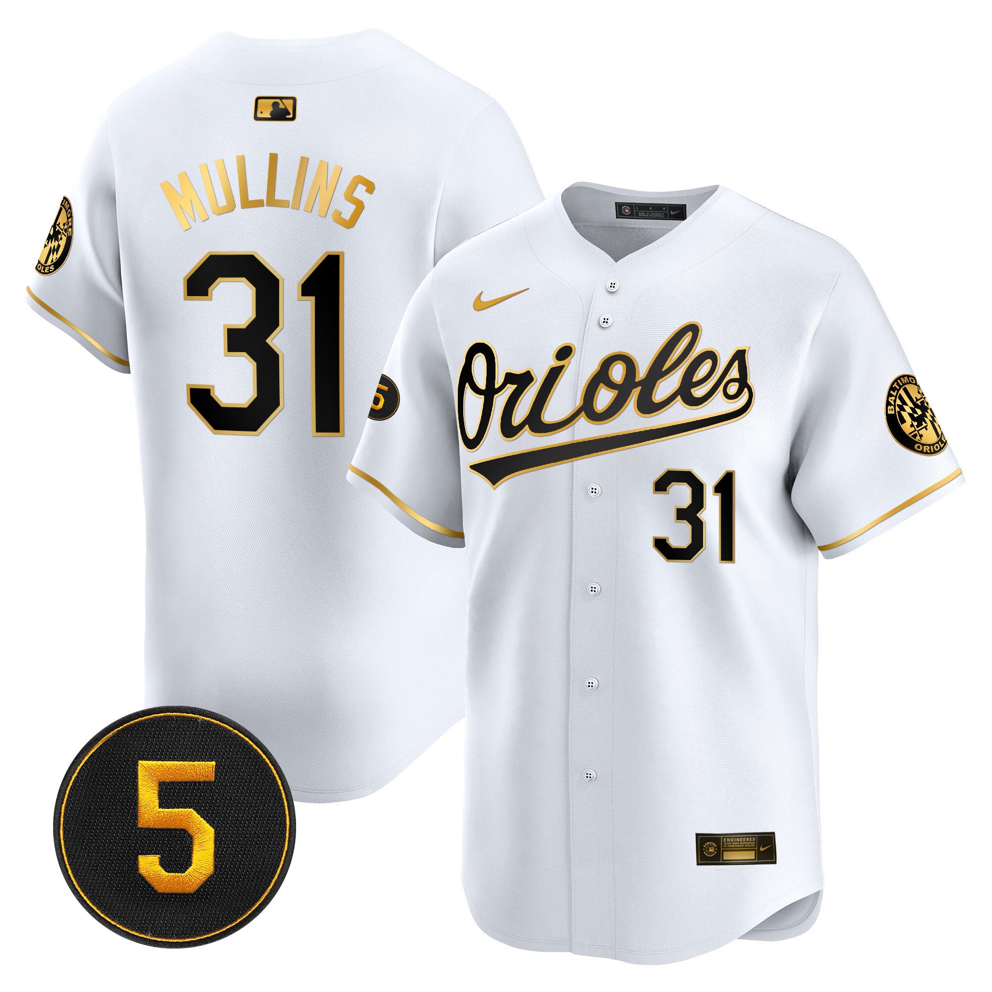 Men's Baltimore Orioles Robinson Patch Vapor Premier Limited Jersey V2 - All Stitched - White Gold, Cedric Mullins