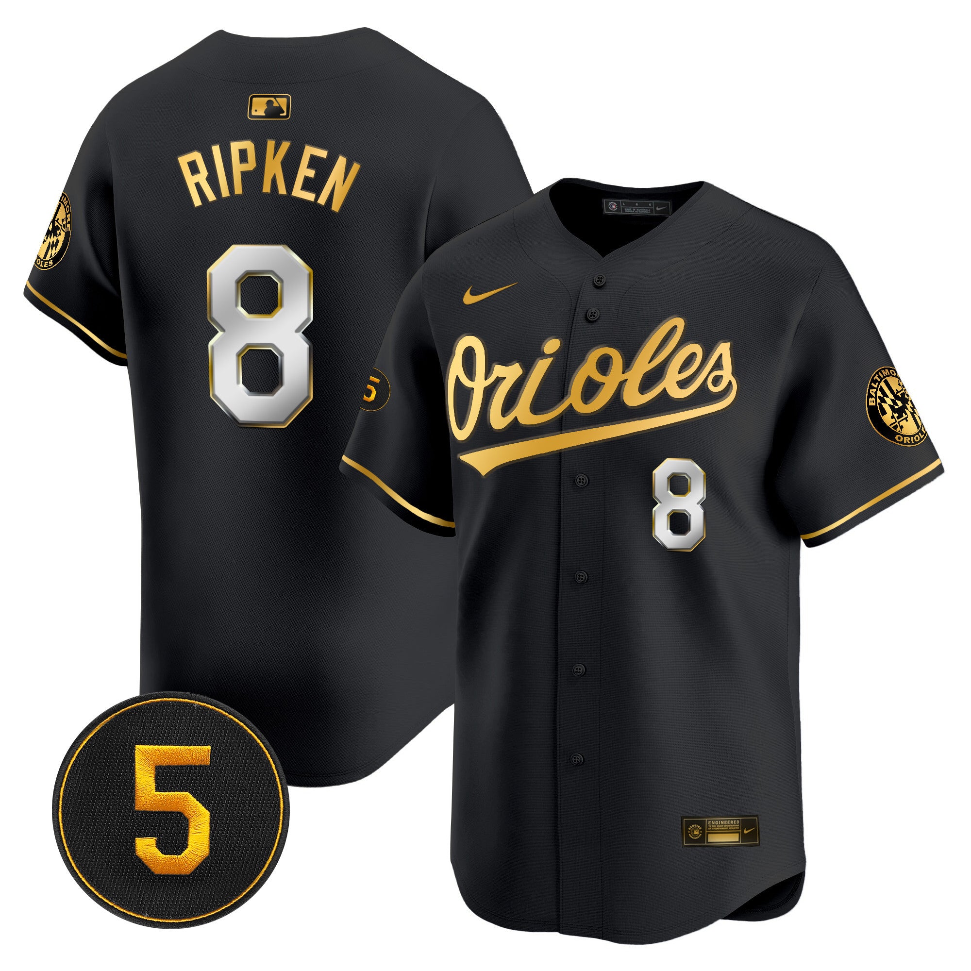 Men's Baltimore Orioles Robinson Patch Vapor Premier Limited Jersey V2 - All Stitched - Black Limited, Cal Ripken